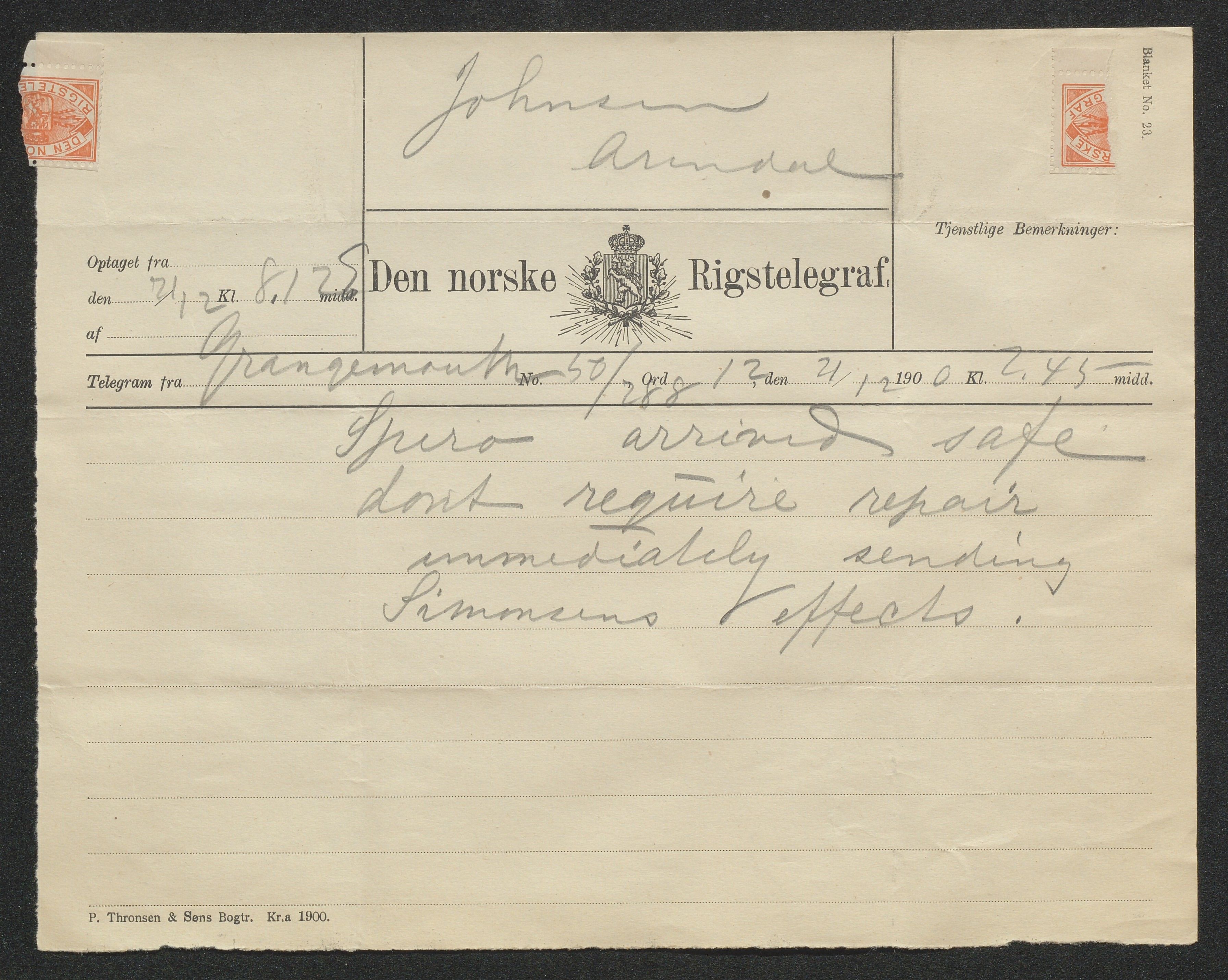 Arendals Dampskibsselskab (ADS), AAKS/PA-1716/1/15/L0018: Skipspapirer D/S Spero, 1898-1904