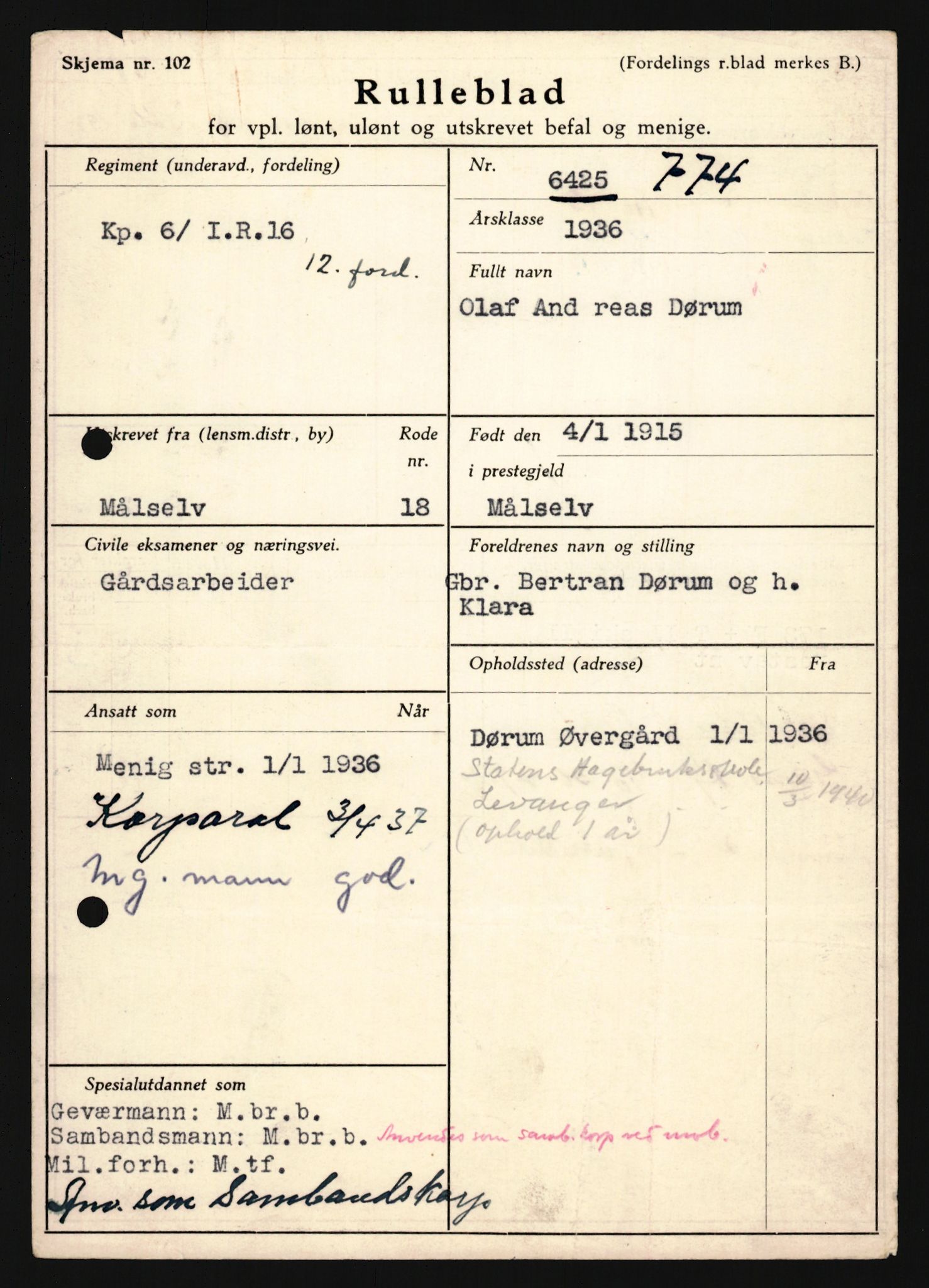 Forsvaret, Troms infanteriregiment nr. 16, AV/RA-RAFA-3146/P/Pa/L0020: Rulleblad for regimentets menige mannskaper, årsklasse 1936, 1936, s. 161