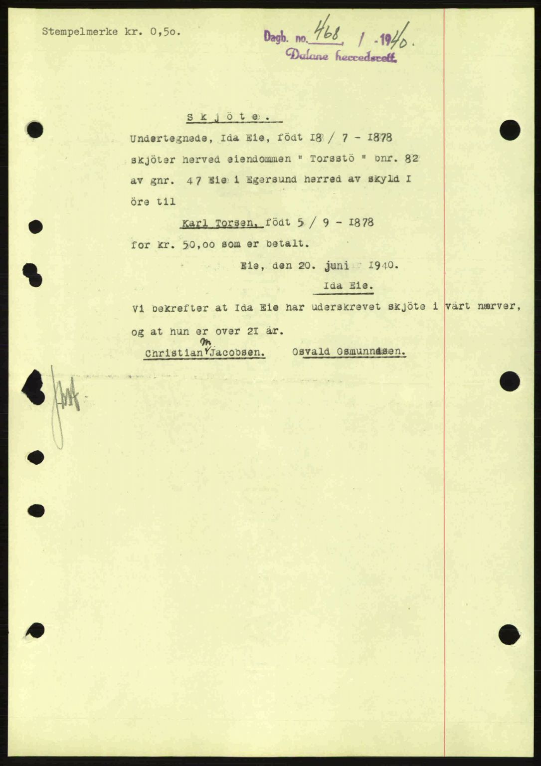 Dalane sorenskriveri, SAST/A-100309/02/G/Gb/L0044: Pantebok nr. A5, 1940-1941, Dagboknr: 468/1940