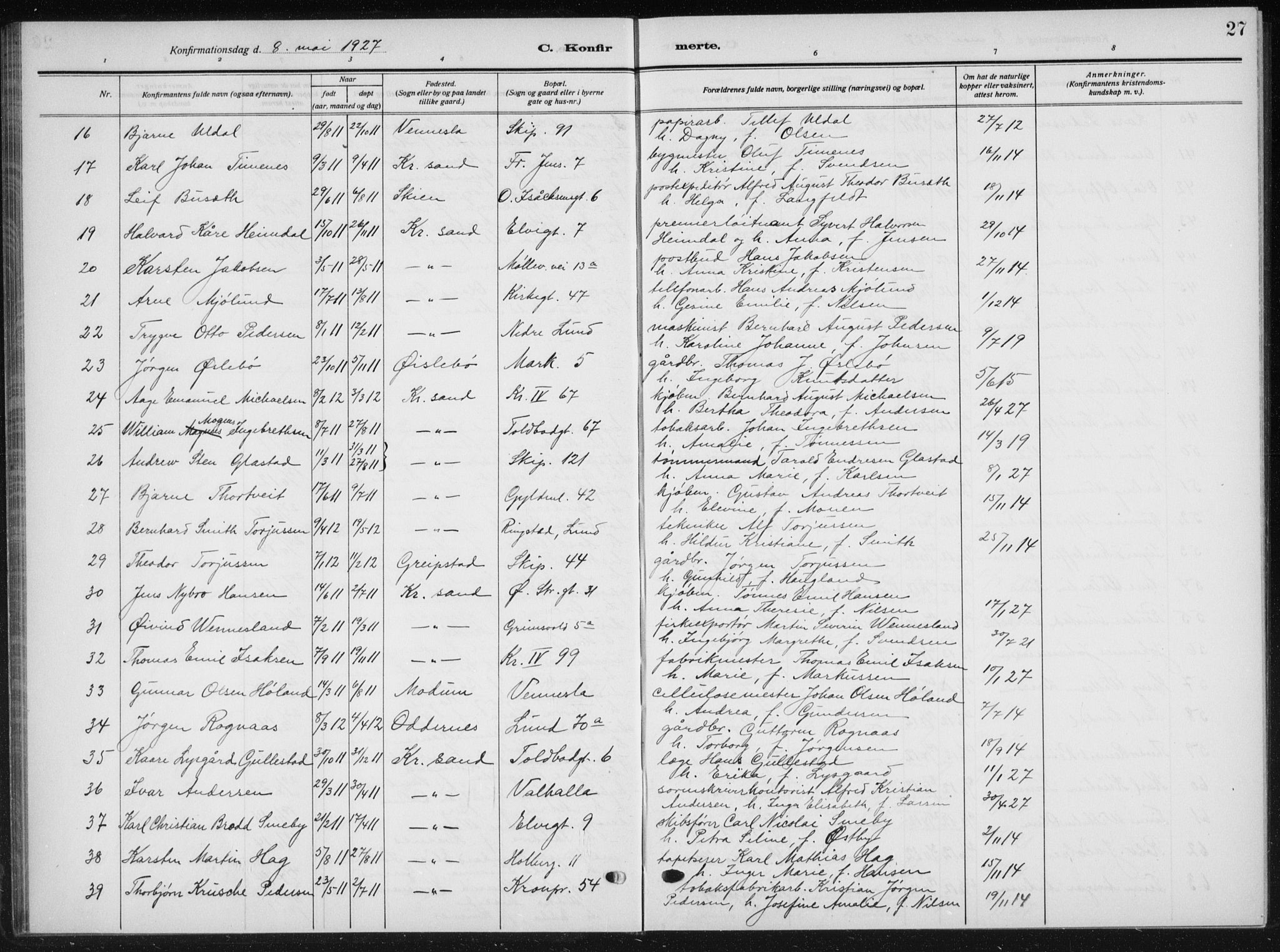 Kristiansand domprosti, AV/SAK-1112-0006/F/Fb/L0025: Klokkerbok nr. B 25, 1924-1934, s. 27