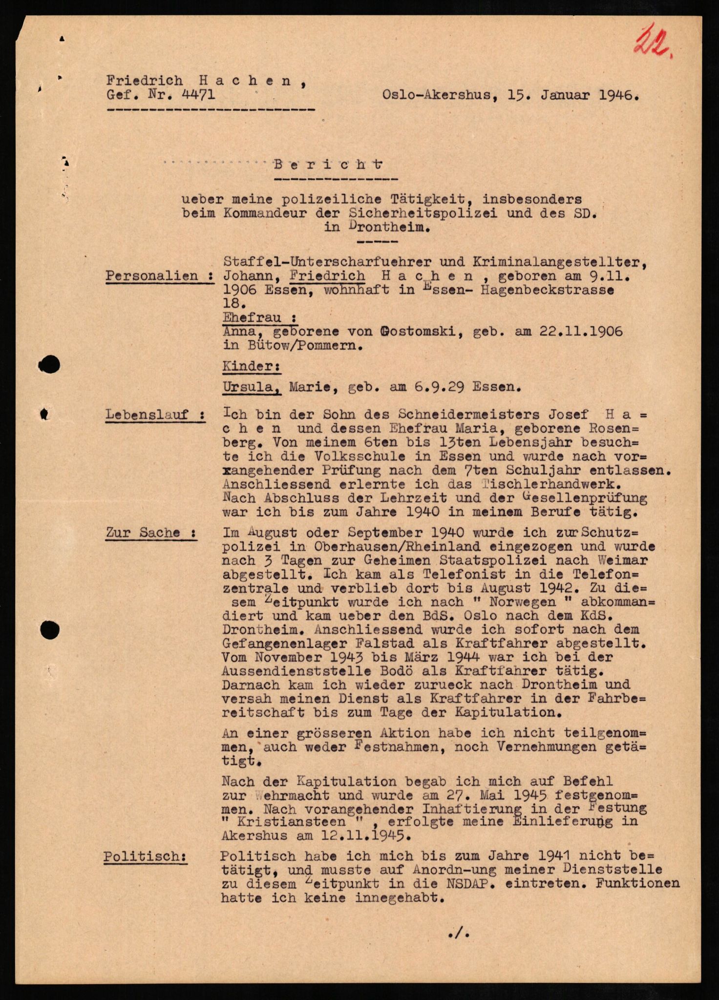 Forsvaret, Forsvarets overkommando II, RA/RAFA-3915/D/Db/L0011: CI Questionaires. Tyske okkupasjonsstyrker i Norge. Tyskere., 1945-1946, s. 149