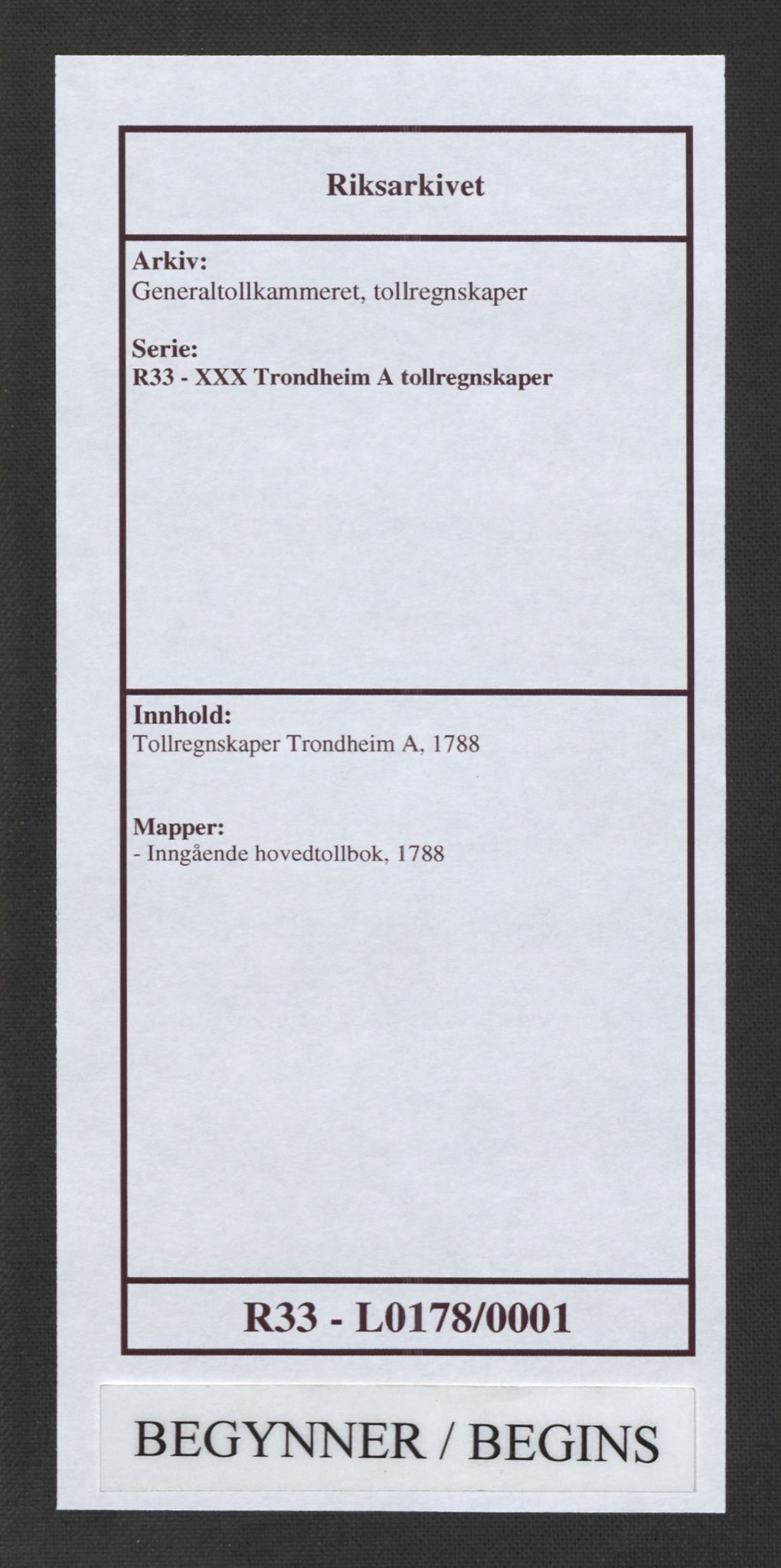 Generaltollkammeret, tollregnskaper, RA/EA-5490/R33/L0178/0001: Tollregnskaper Trondheim A / Inngående hovedtollbok, 1788