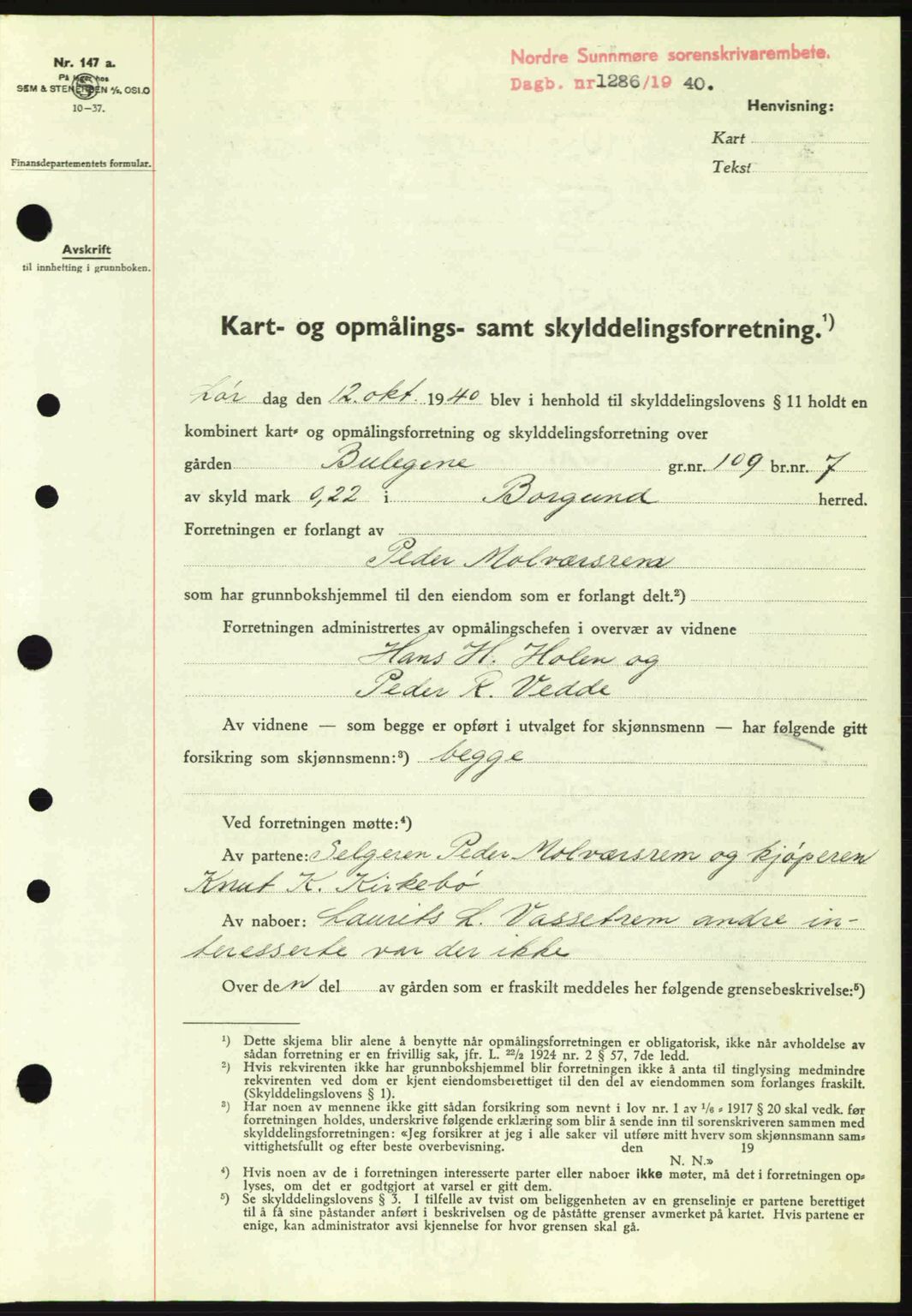 Nordre Sunnmøre sorenskriveri, AV/SAT-A-0006/1/2/2C/2Ca: Pantebok nr. A9, 1940-1940, Dagboknr: 1286/1940