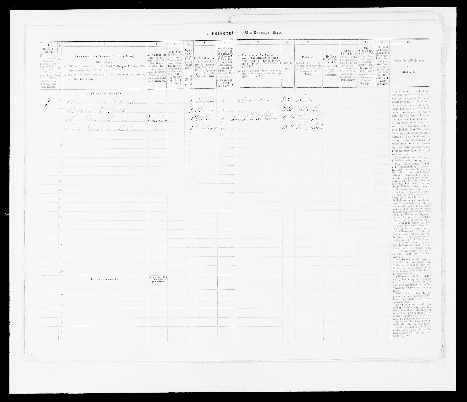 SAB, Folketelling 1875 for 1422P Lærdal prestegjeld, 1875, s. 395