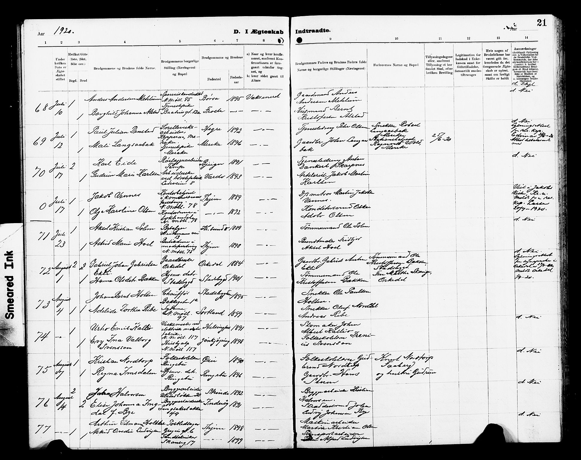 Ministerialprotokoller, klokkerbøker og fødselsregistre - Sør-Trøndelag, SAT/A-1456/605/L0257: Klokkerbok nr. 605C04, 1916-1922, s. 21