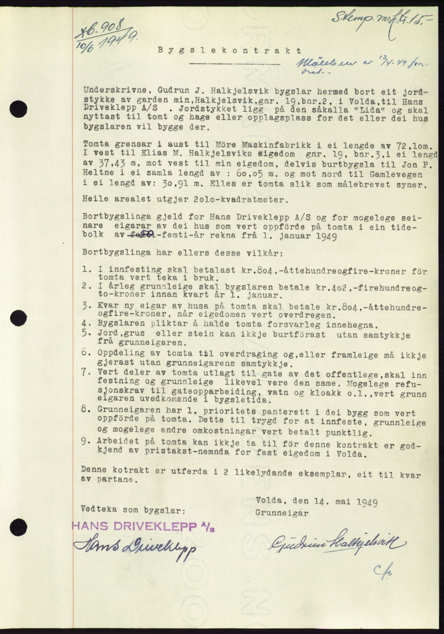 Søre Sunnmøre sorenskriveri, SAT/A-4122/1/2/2C/L0084: Pantebok nr. 10A, 1949-1949, Dagboknr: 908/1949
