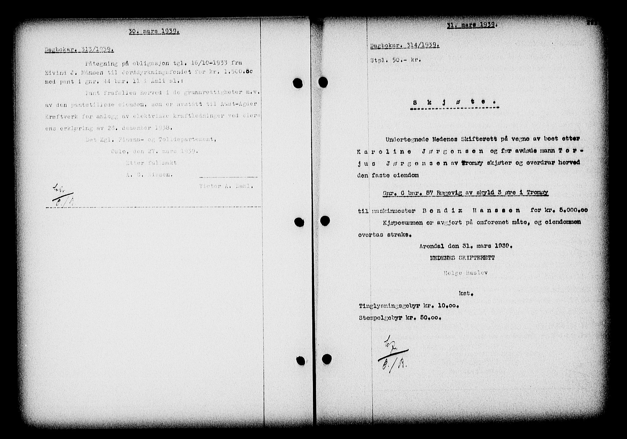Nedenes sorenskriveri, SAK/1221-0006/G/Gb/Gba/L0046: Pantebok nr. 42, 1938-1939, Dagboknr: 314/1939