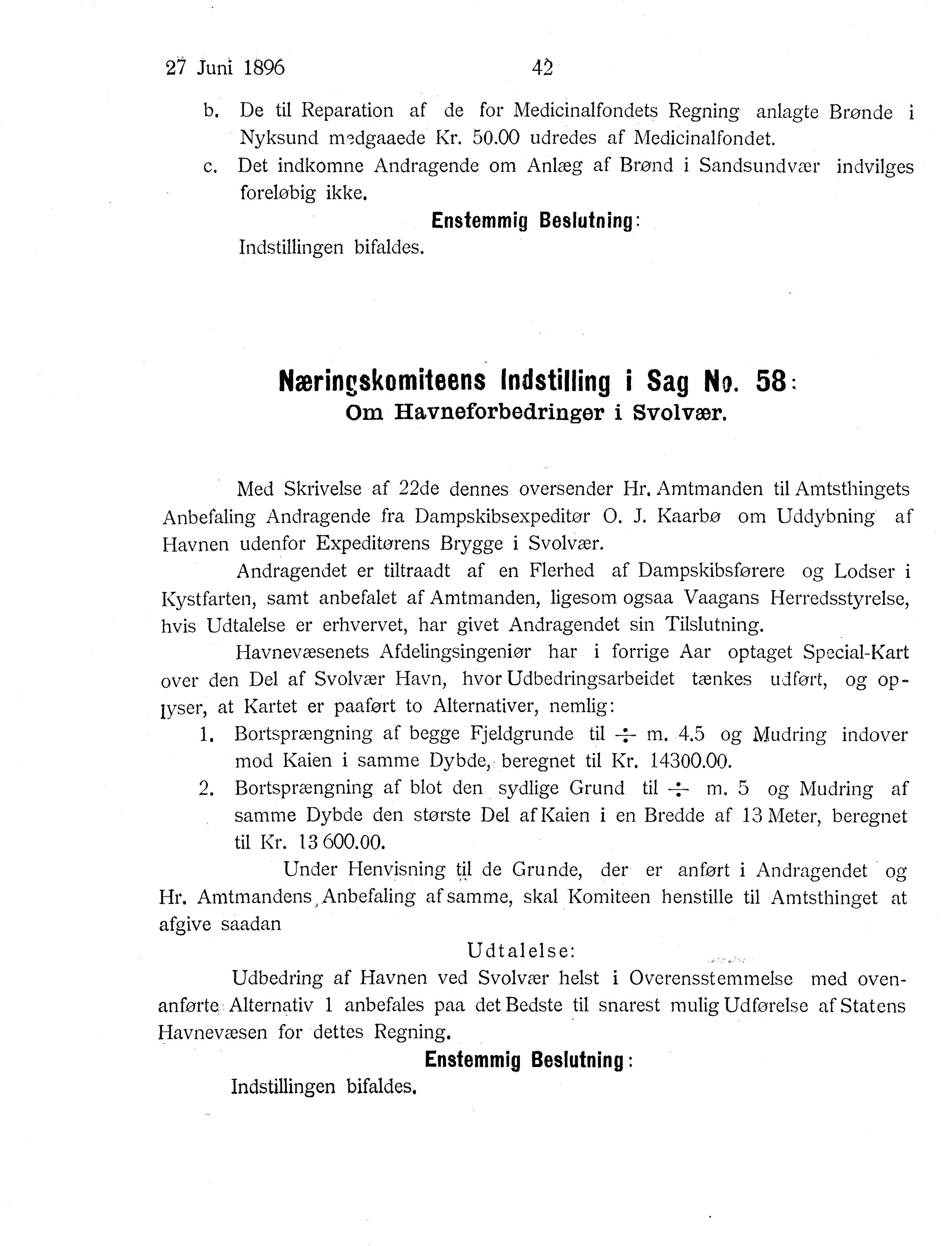 Nordland Fylkeskommune. Fylkestinget, AIN/NFK-17/176/A/Ac/L0019: Fylkestingsforhandlinger 1896, 1896