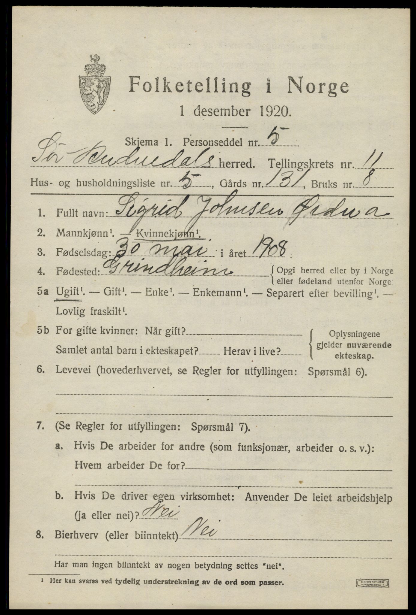 SAK, Folketelling 1920 for 1029 Sør-Audnedal herred, 1920, s. 4291