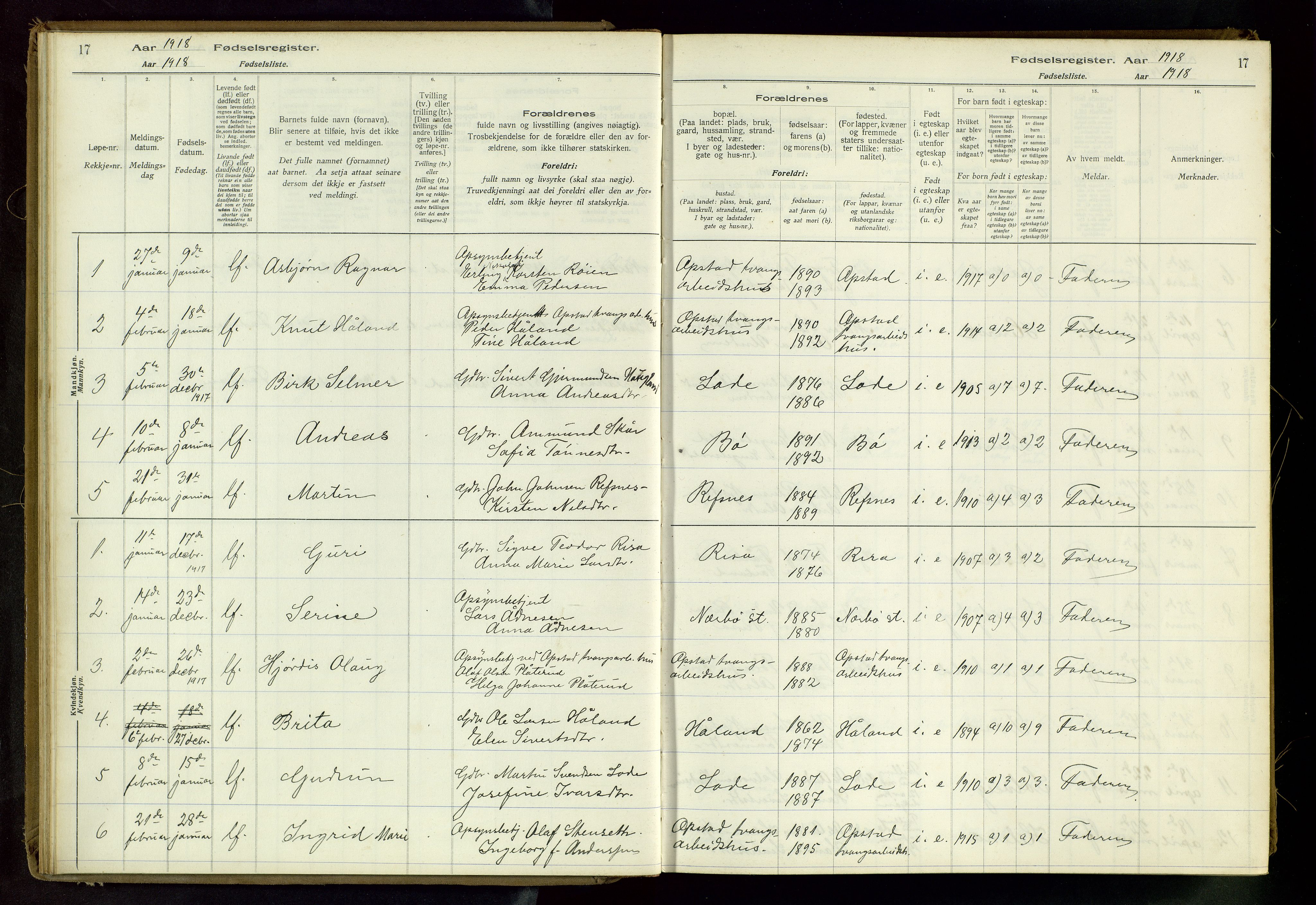 Hå sokneprestkontor, AV/SAST-A-101801/002/C/L0001: Fødselsregister nr. 1, 1916-1945, s. 17