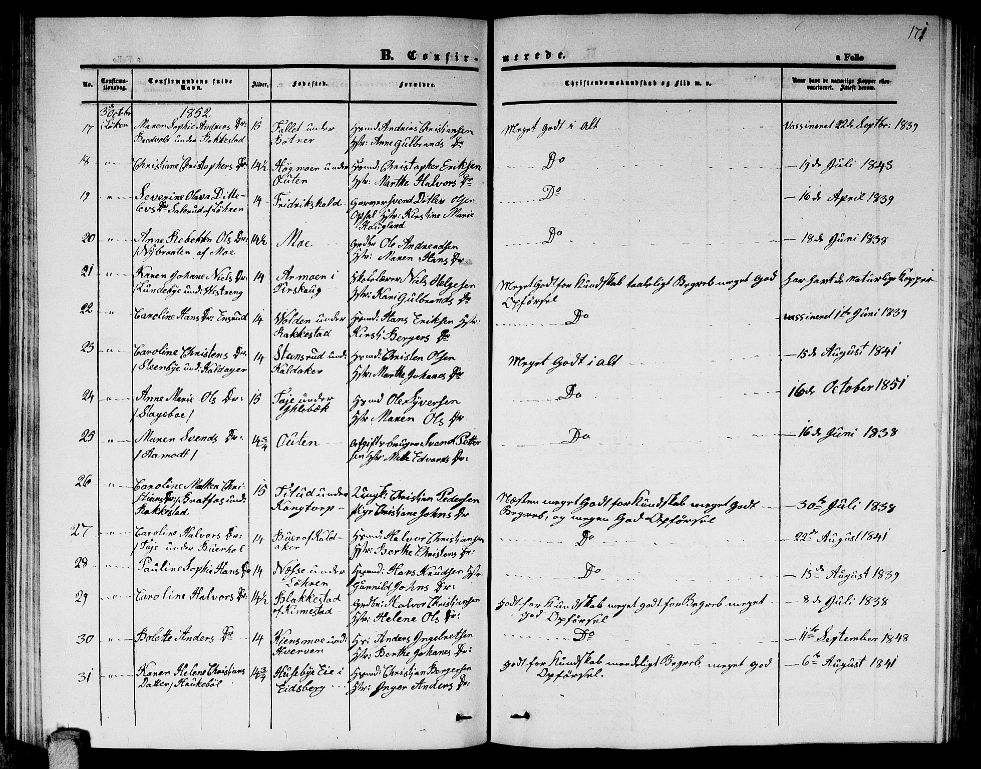 Høland prestekontor Kirkebøker, AV/SAO-A-10346a/G/Ga/L0003: Klokkerbok nr. I 3, 1846-1853, s. 171