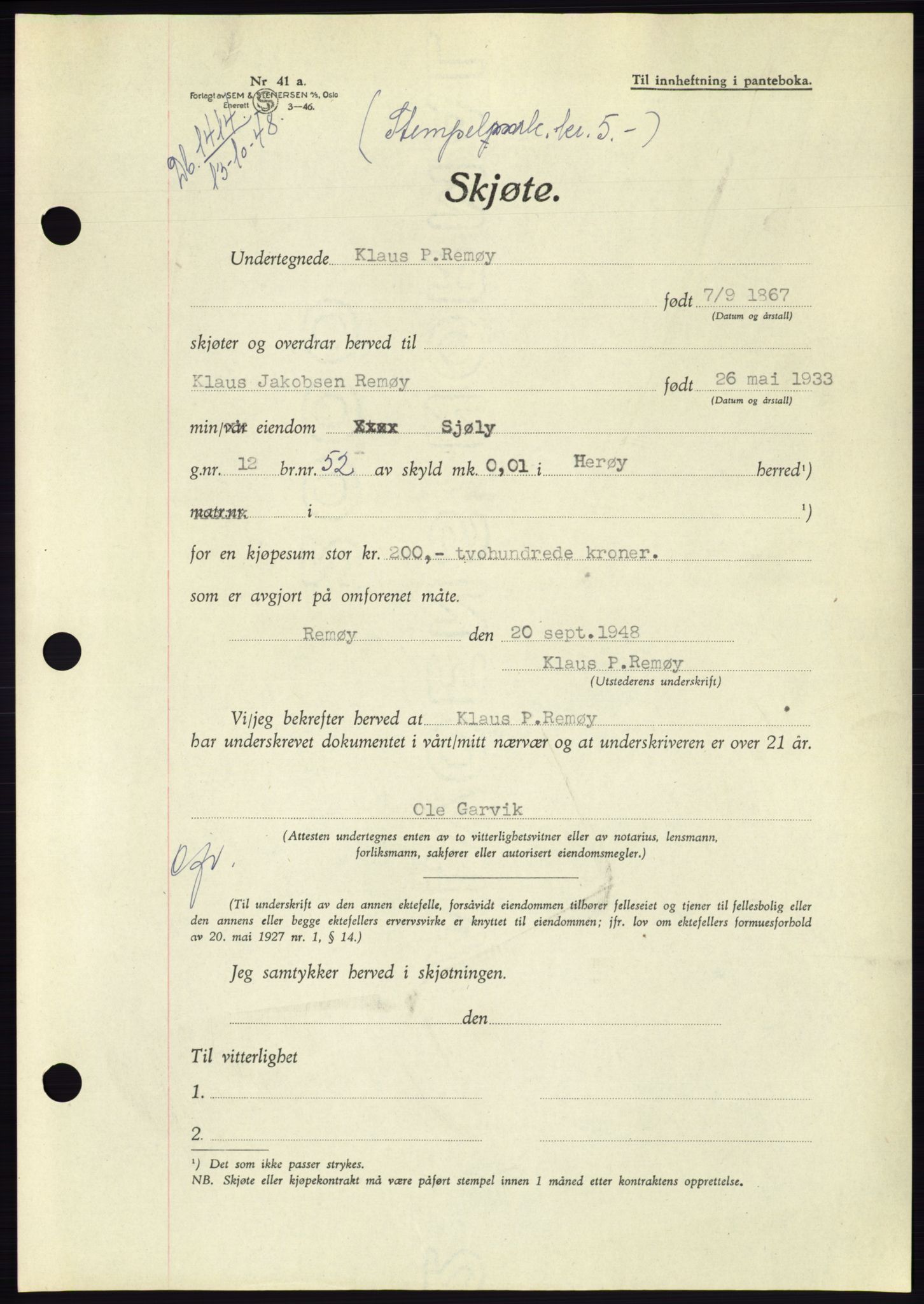 Søre Sunnmøre sorenskriveri, AV/SAT-A-4122/1/2/2C/L0083: Pantebok nr. 9A, 1948-1949, Dagboknr: 1414/1948