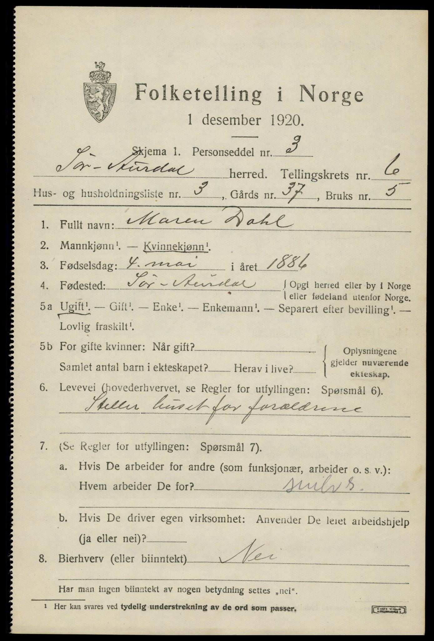 SAH, Folketelling 1920 for 0540 Sør-Aurdal herred, 1920, s. 2935