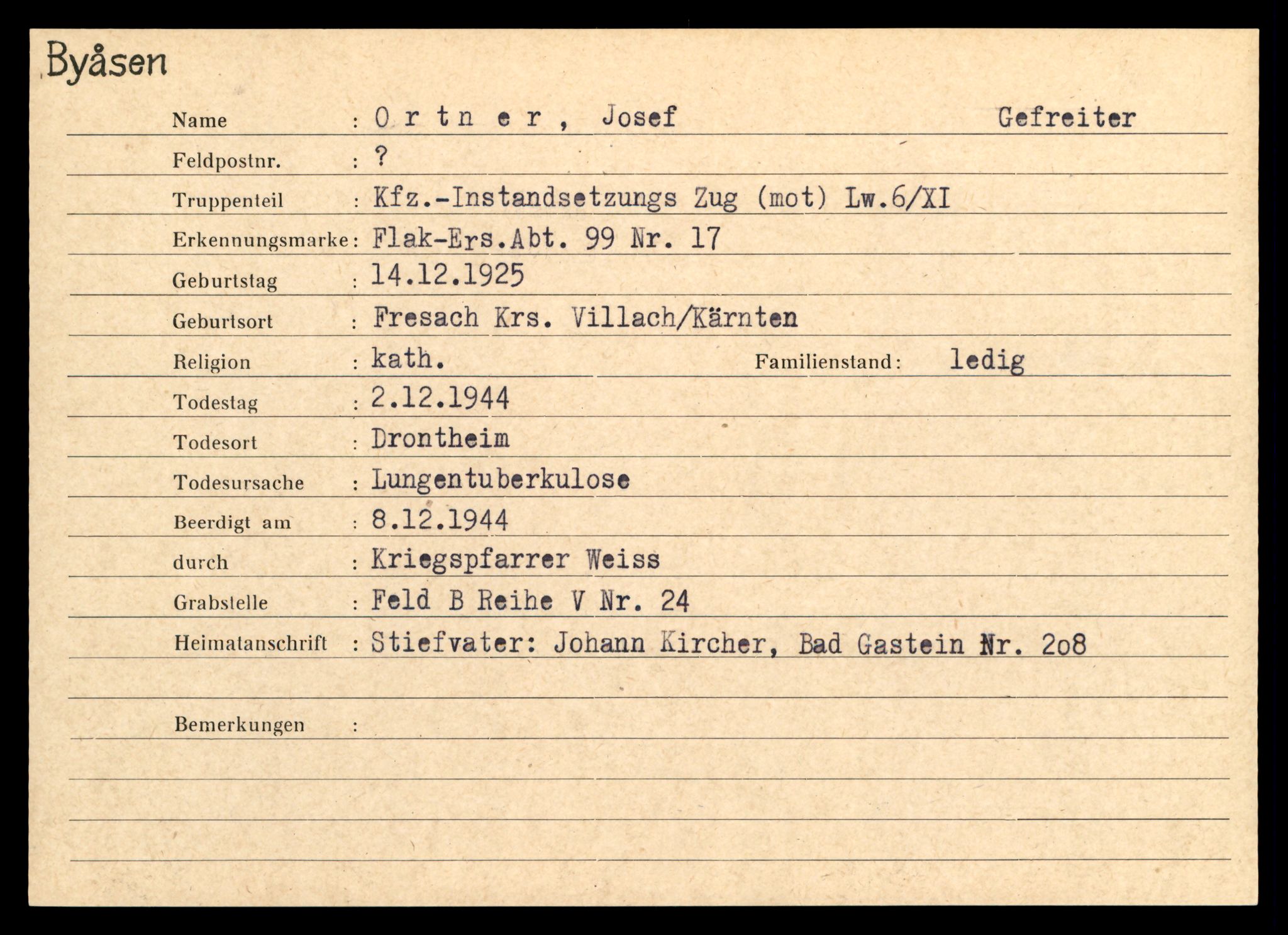 Distriktskontoret for krigsgraver, AV/SAT-A-5030/E/L0004: Kasett/kartotek over tysk Krigskirkegård på Byåsen, 1945, s. 1253