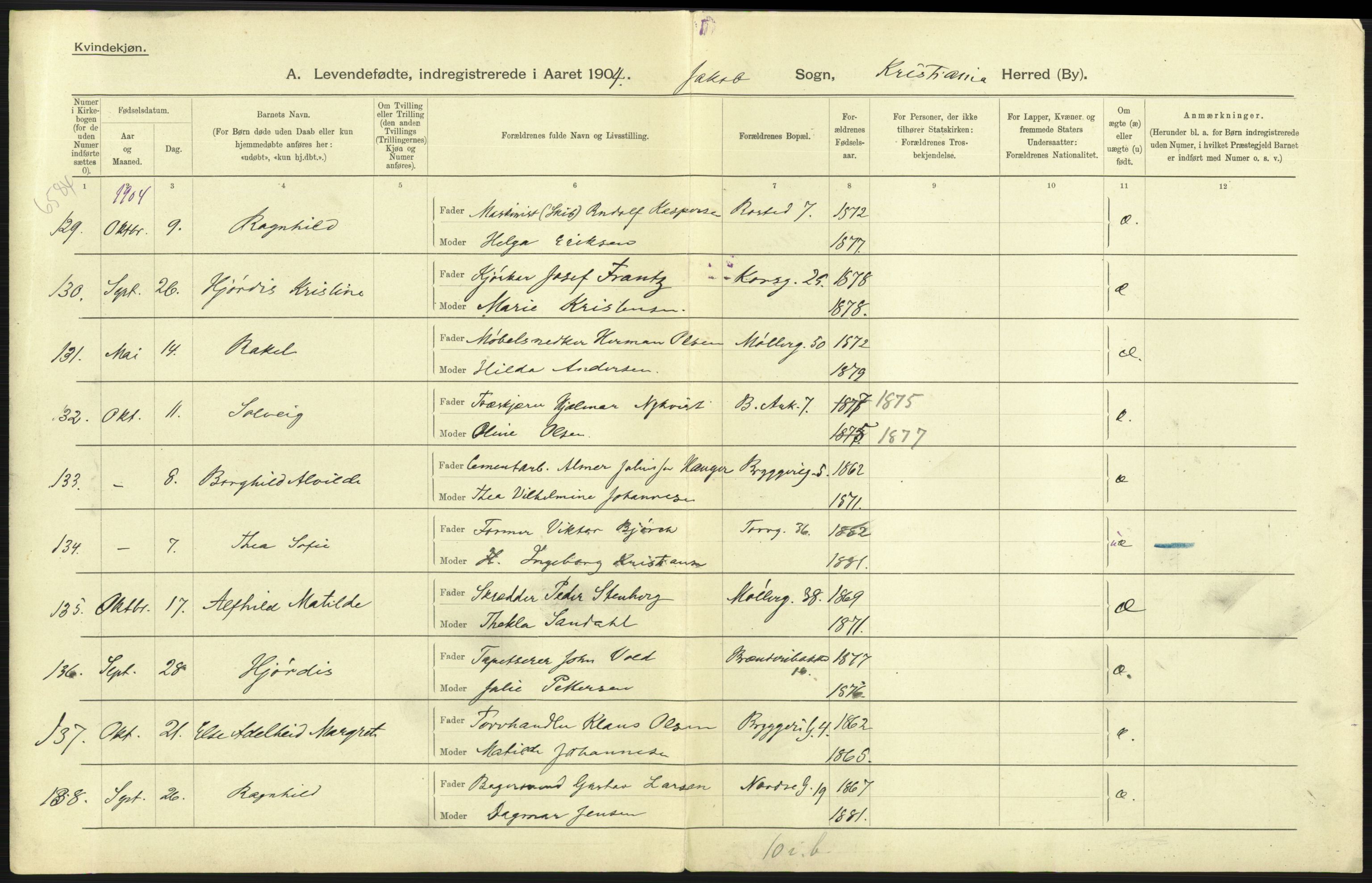 Statistisk sentralbyrå, Sosiodemografiske emner, Befolkning, AV/RA-S-2228/D/Df/Dfa/Dfab/L0003: Kristiania: Fødte, 1904, s. 3