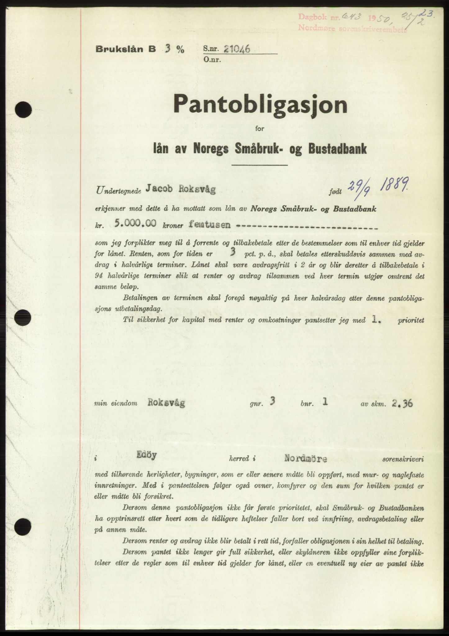 Nordmøre sorenskriveri, SAT/A-4132/1/2/2Ca: Pantebok nr. B104, 1950-1950, Dagboknr: 643/1950