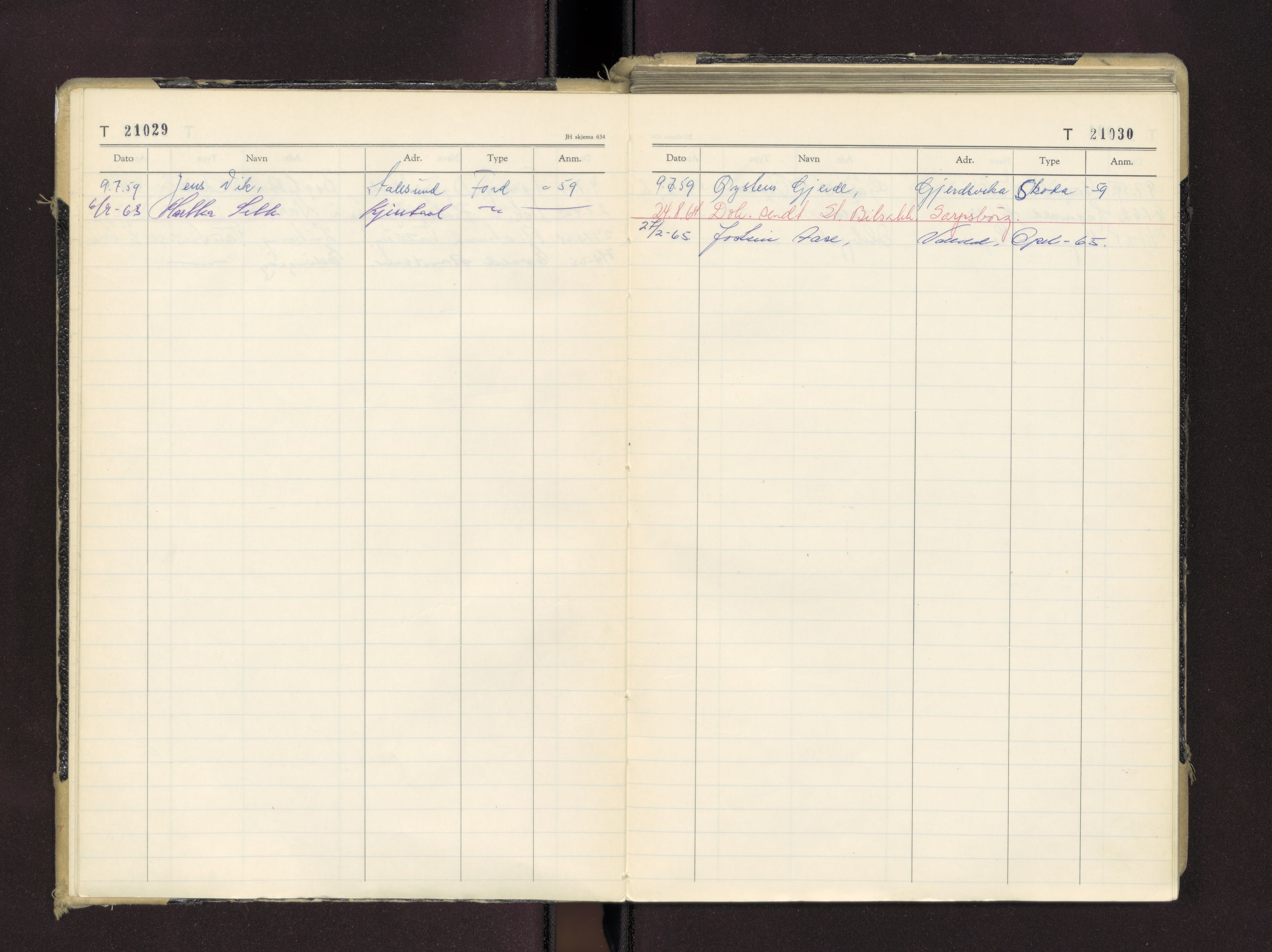 Møre og Romsdal vegkontor - Ålesund trafikkstasjon, AV/SAT-A-4099/F/Fc/L0016: Bilregister; T 21000 - T 21499, 1955-1970