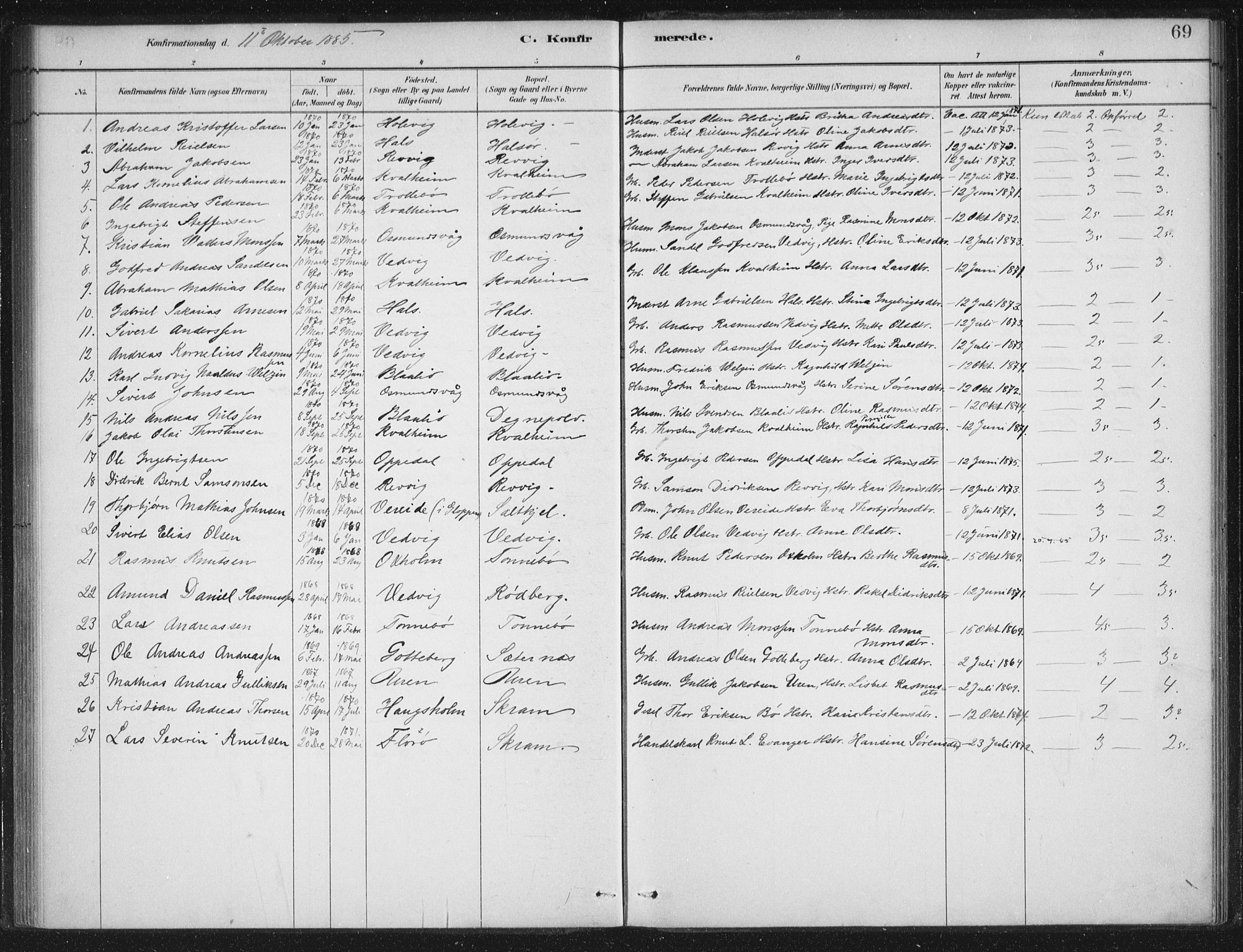 Selje sokneprestembete, AV/SAB-A-99938/H/Ha/Haa/Haac/L0001: Ministerialbok nr. C  1, 1881-1888, s. 69
