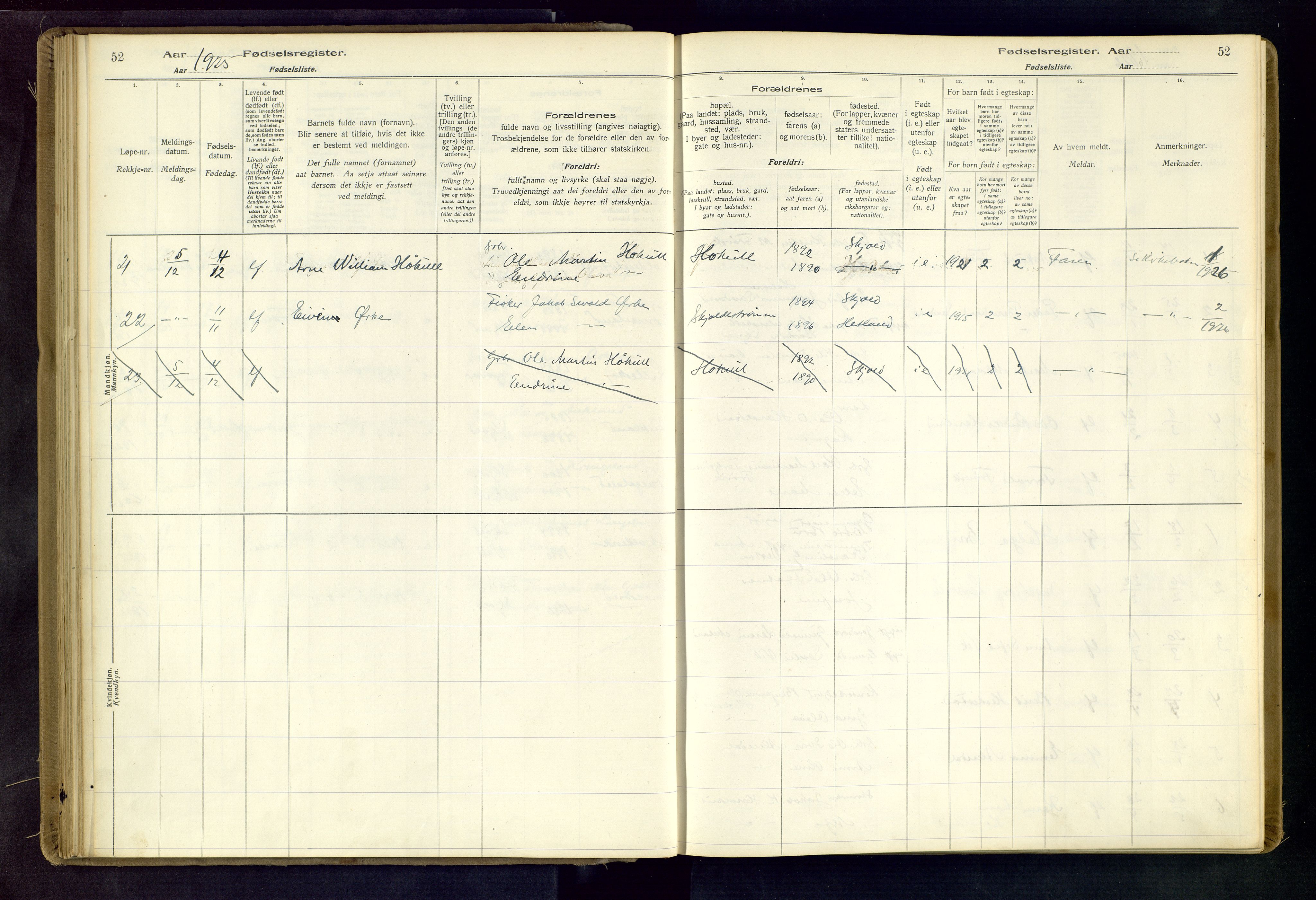 Skjold sokneprestkontor, AV/SAST-A-101847/I/Id/L0001: Fødselsregister nr. 1, 1917-1951, s. 52