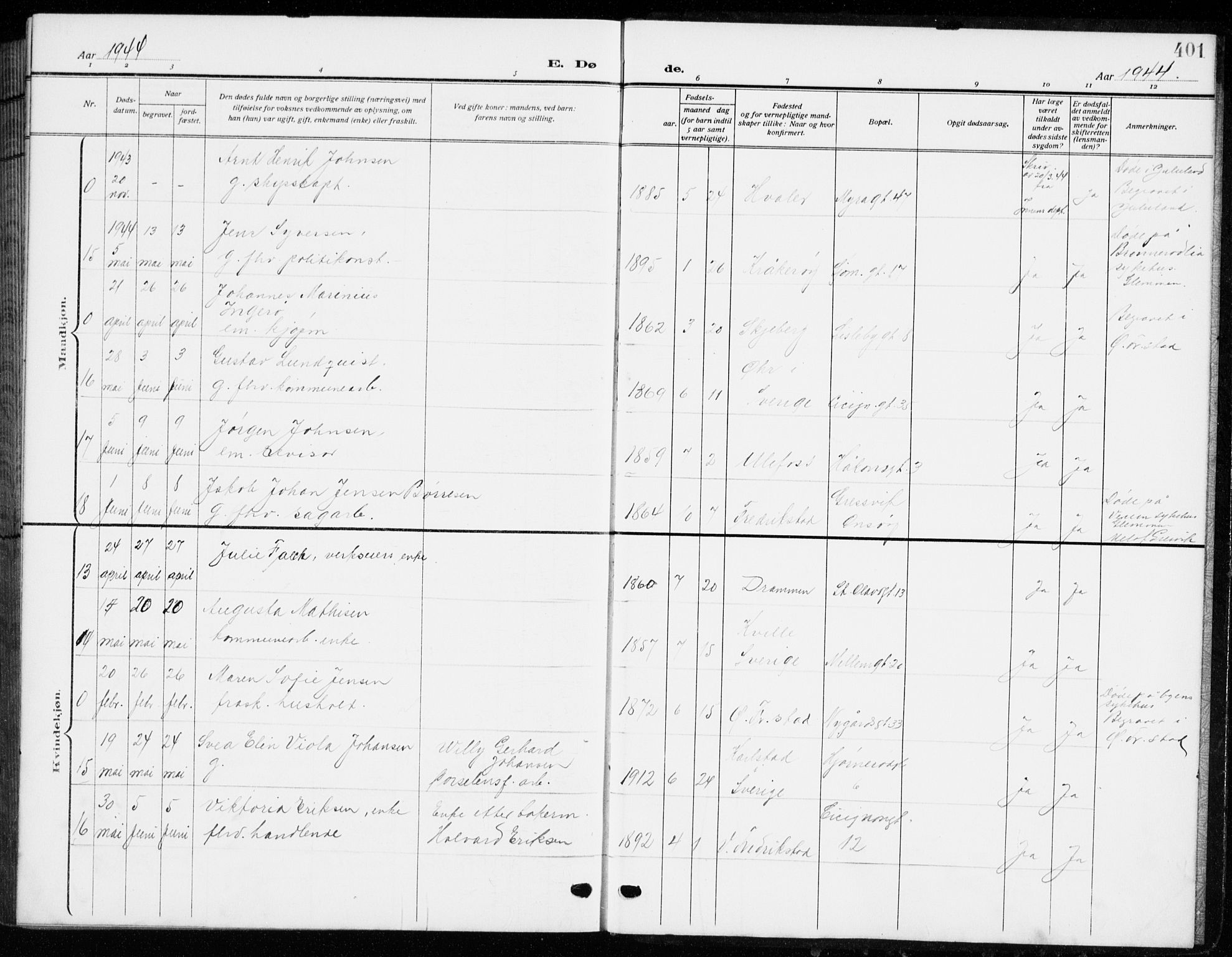 Fredrikstad domkirkes prestekontor Kirkebøker, AV/SAO-A-10906/G/Ga/L0004: Klokkerbok nr. 4, 1910-1944, s. 401