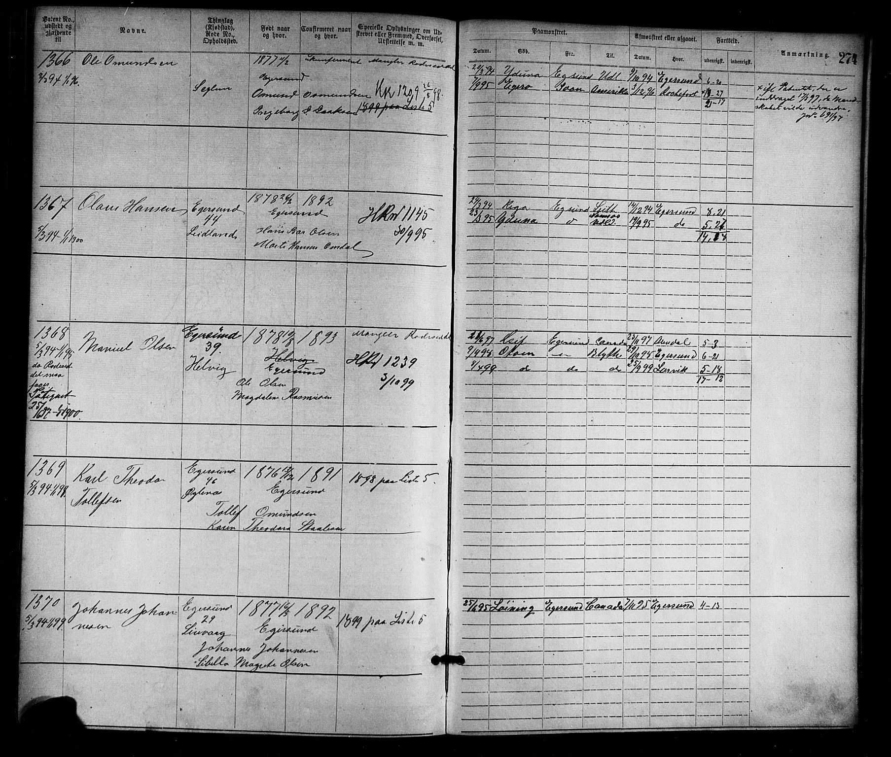 Egersund mønstringskrets, SAK/2031-0019/F/Fa/L0001: Annotasjonsrulle nr 1-1440 med register, O-1, 1869-1895, s. 299