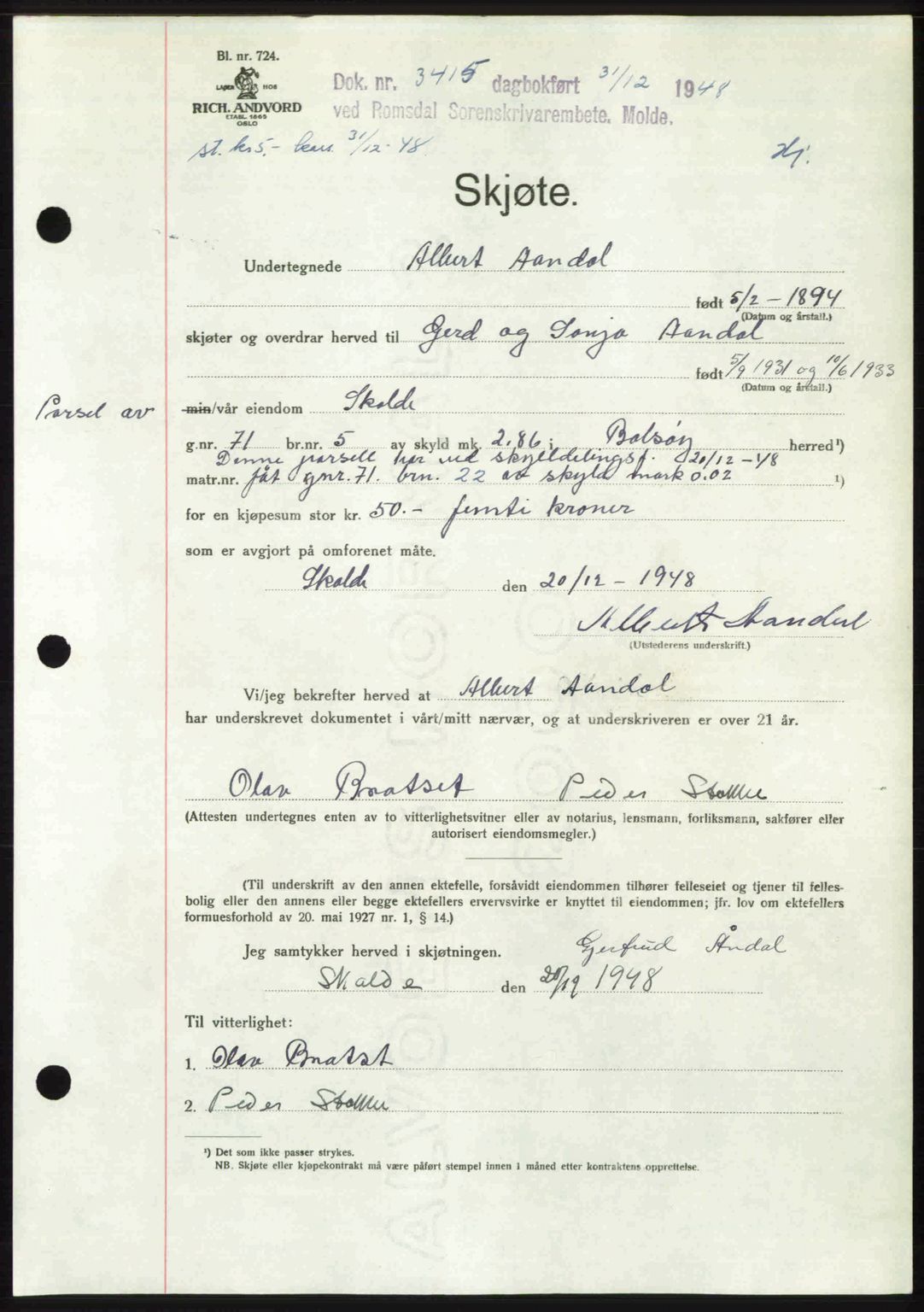 Romsdal sorenskriveri, AV/SAT-A-4149/1/2/2C: Pantebok nr. A28, 1948-1949, Dagboknr: 3415/1948