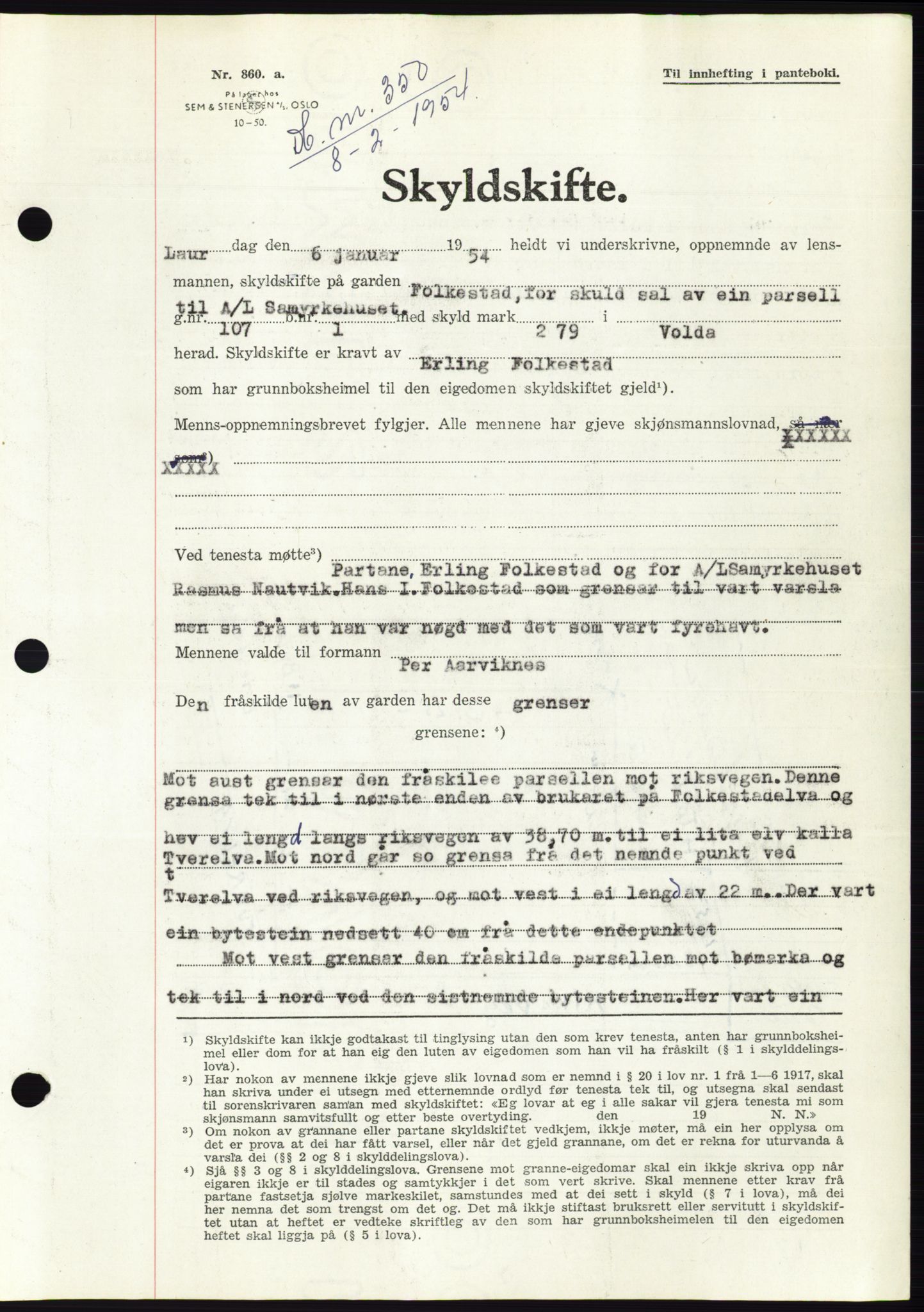 Søre Sunnmøre sorenskriveri, AV/SAT-A-4122/1/2/2C/L0097: Pantebok nr. 23A, 1954-1954, Dagboknr: 350/1954