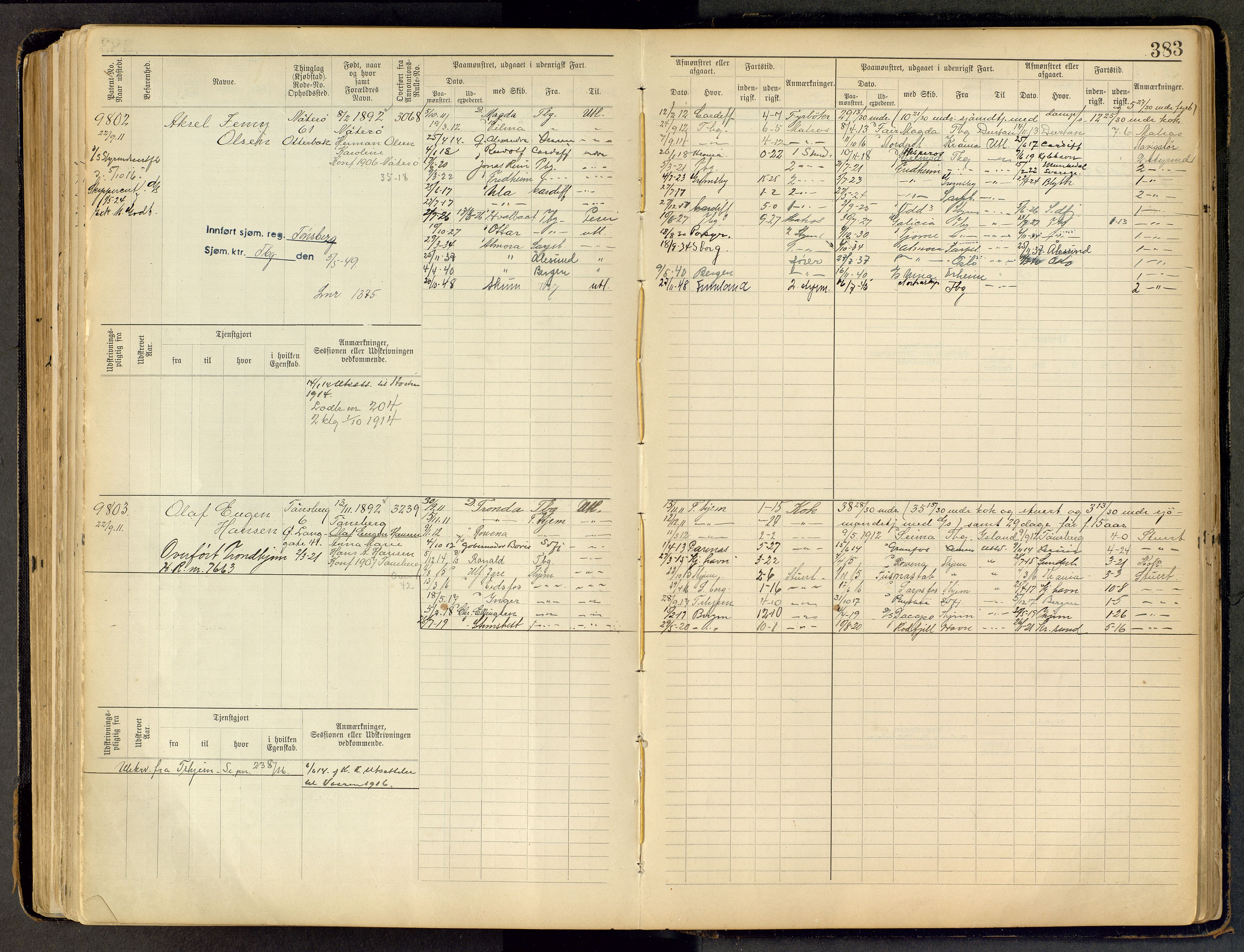 Tønsberg innrulleringskontor, SAKO/A-786/F/Fc/Fca/L0011: Hovedrulle Patent nr. 9038-9992, 1900-1912, s. 383