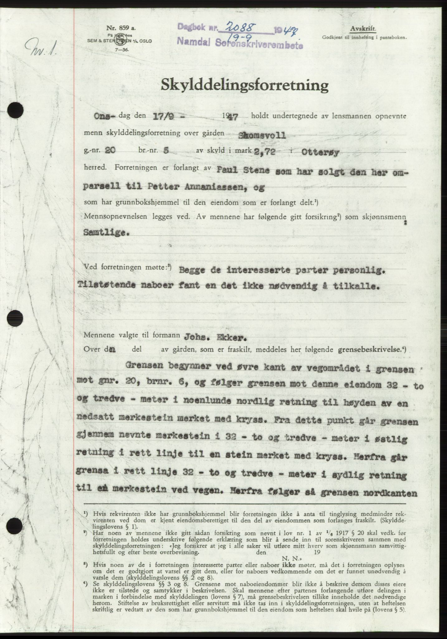 Namdal sorenskriveri, SAT/A-4133/1/2/2C: Pantebok nr. -, 1947-1947, Dagboknr: 2088/1947