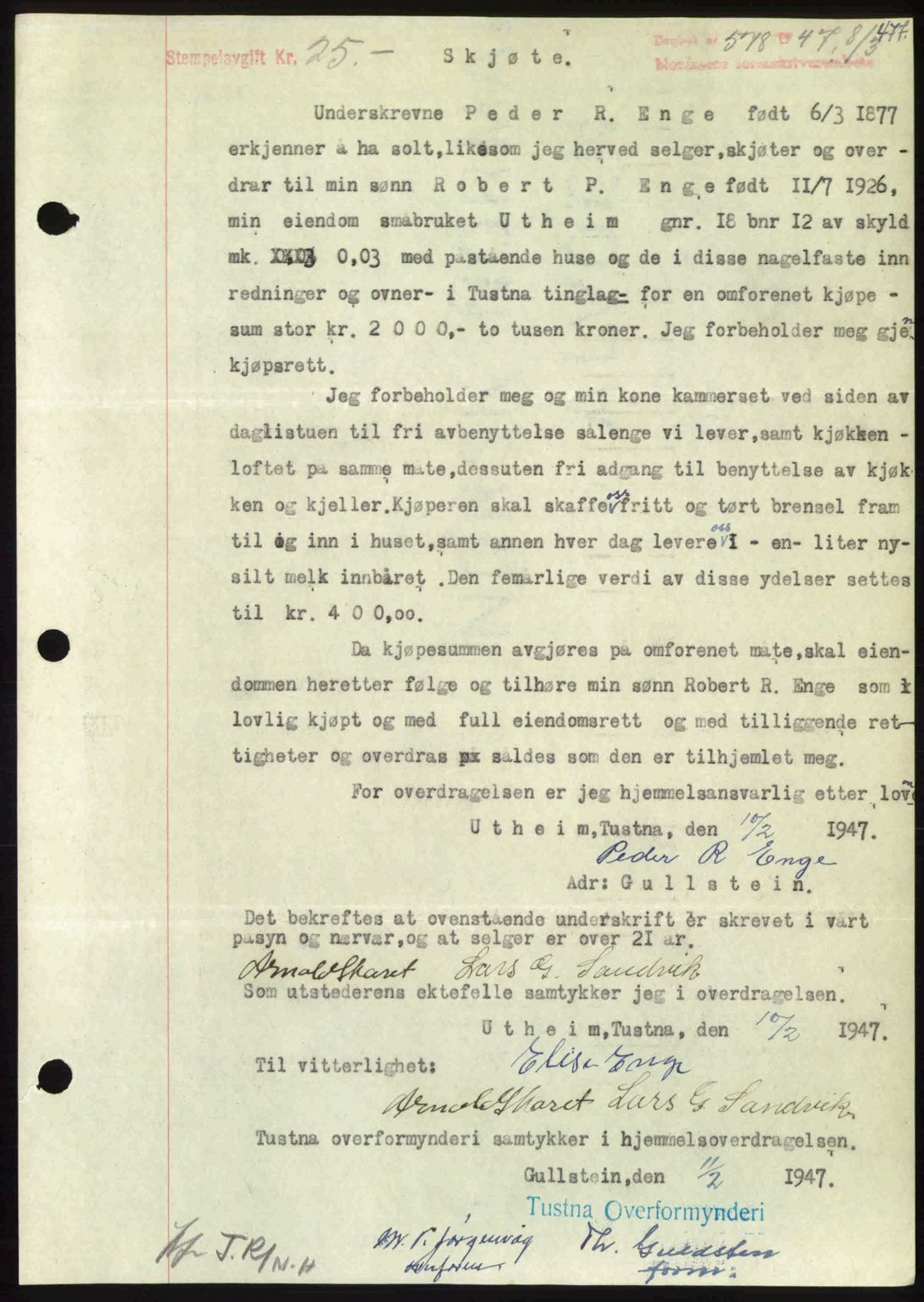 Nordmøre sorenskriveri, SAT/A-4132/1/2/2Ca: Pantebok nr. A104, 1947-1947, Dagboknr: 578/1947