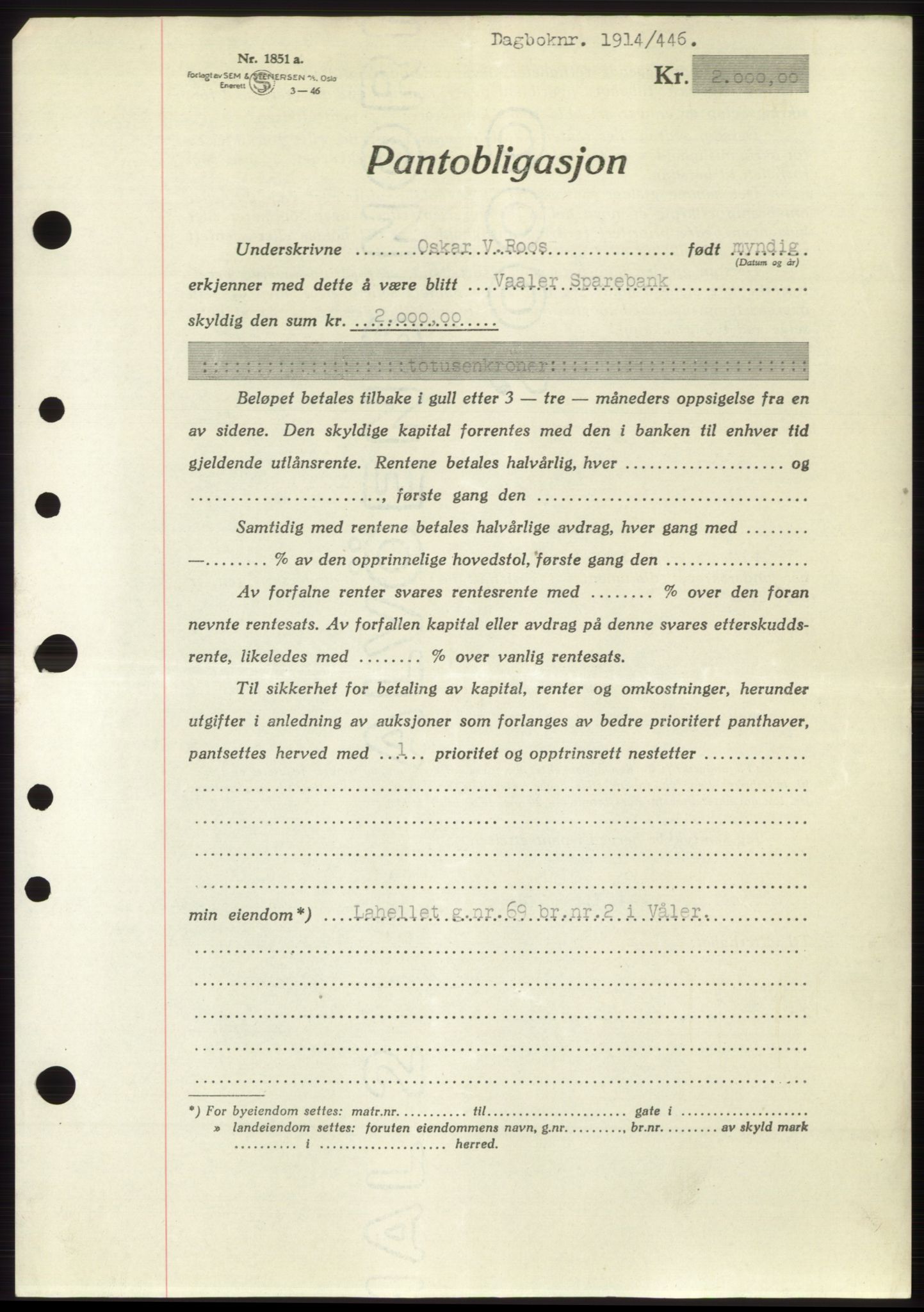 Moss sorenskriveri, SAO/A-10168: Pantebok nr. B15, 1946-1946, Dagboknr: 1914/1946