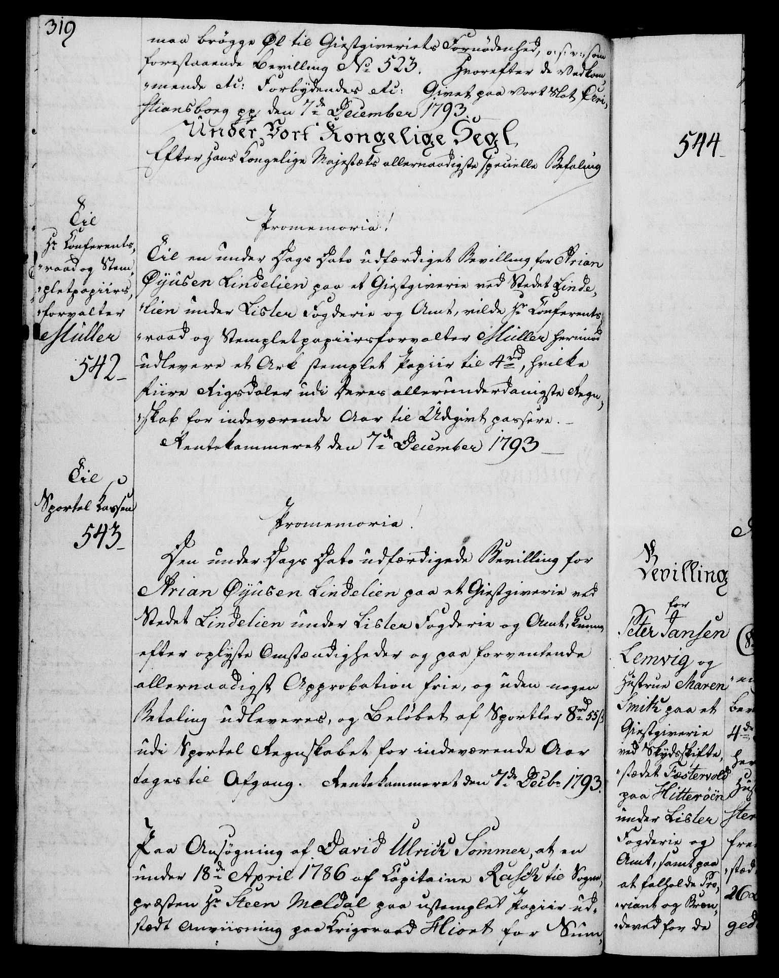 Rentekammeret, Kammerkanselliet, RA/EA-3111/G/Gg/Gga/L0015: Norsk ekspedisjonsprotokoll med register (merket RK 53.15), 1790-1791, s. 319