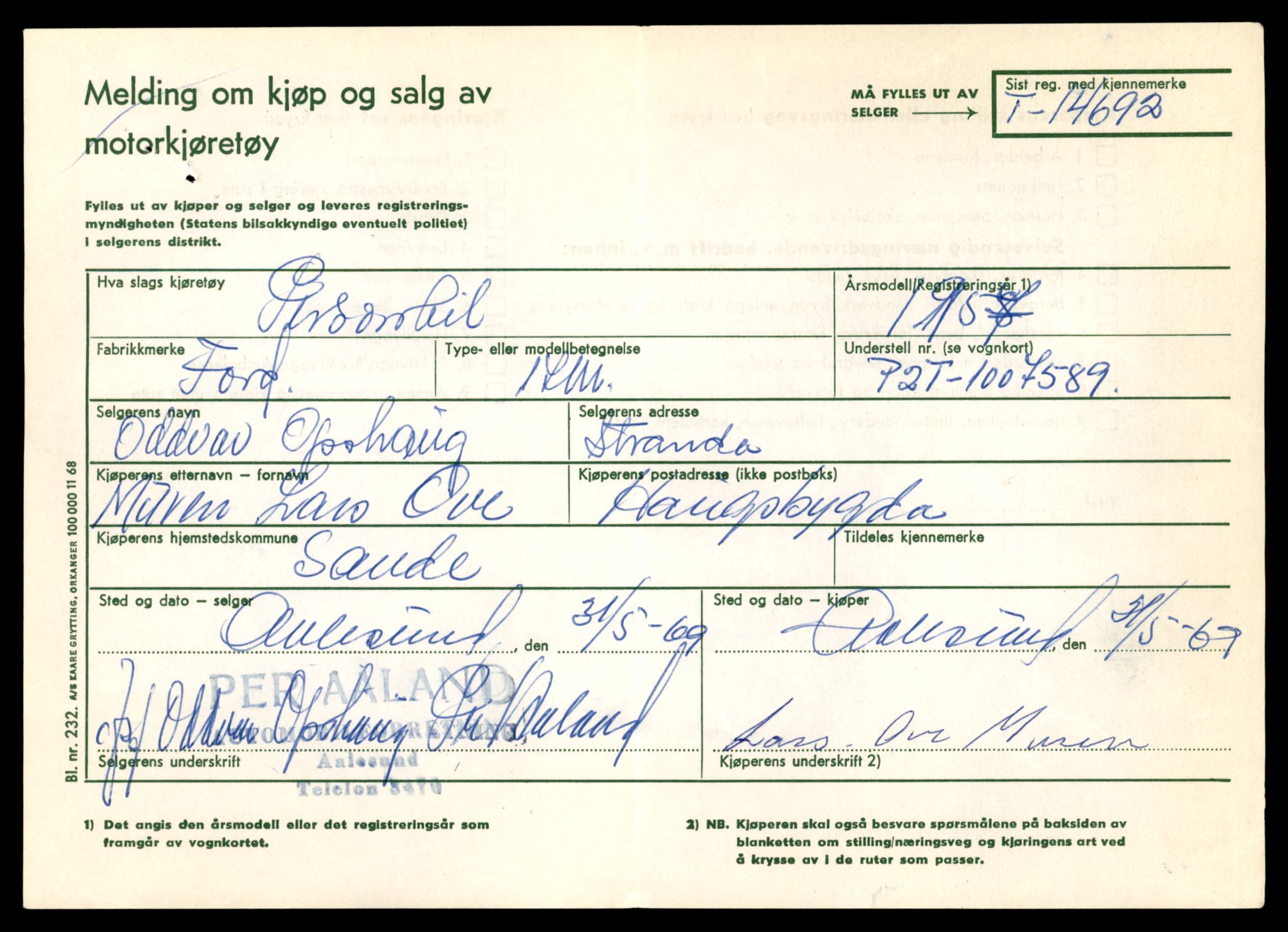 Møre og Romsdal vegkontor - Ålesund trafikkstasjon, AV/SAT-A-4099/F/Fe/L0047: Registreringskort for kjøretøy T 14580 - T 14720, 1927-1998, s. 2603