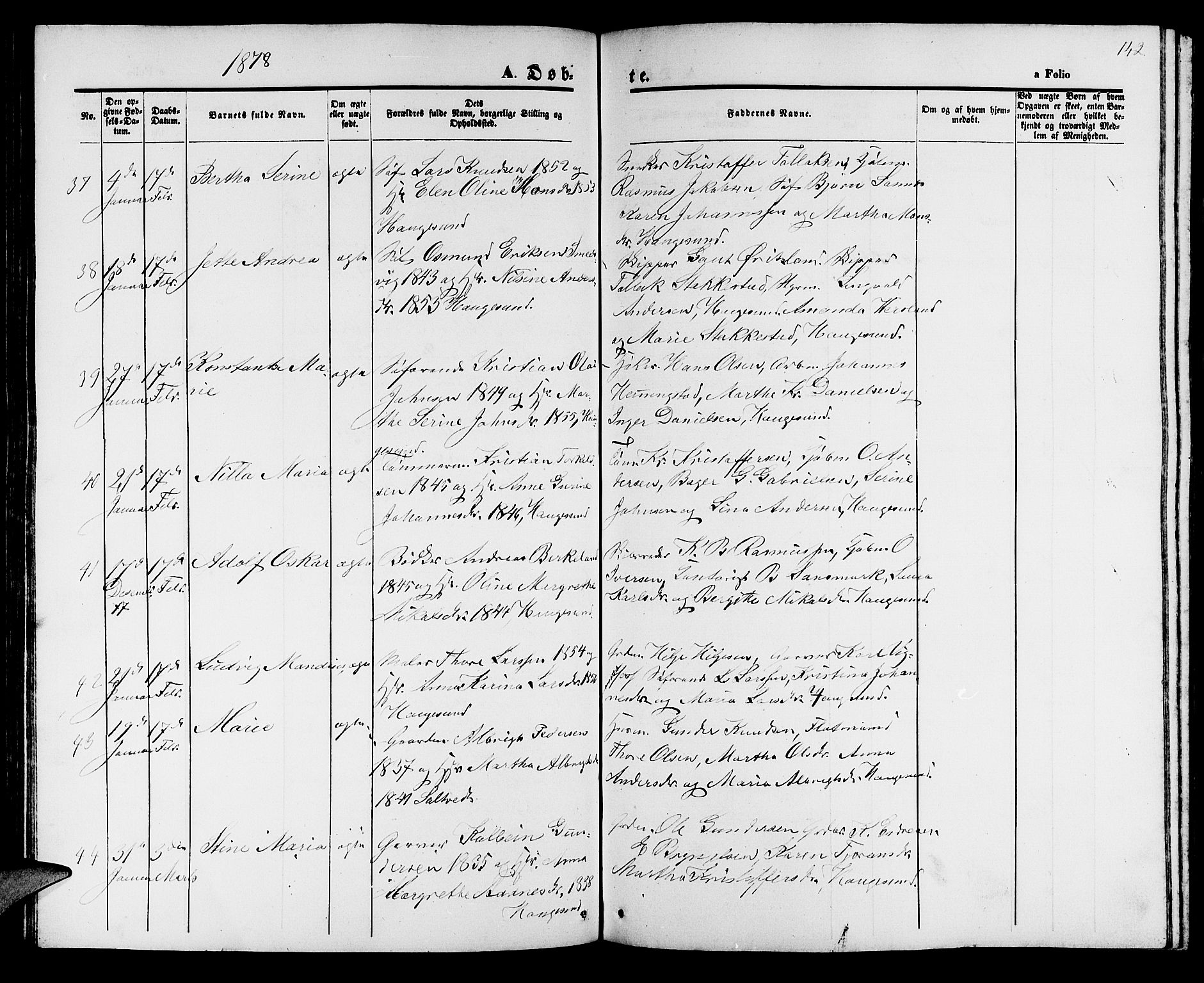 Haugesund sokneprestkontor, AV/SAST-A -101863/H/Ha/Hab/L0001: Klokkerbok nr. B 1, 1873-1881, s. 142