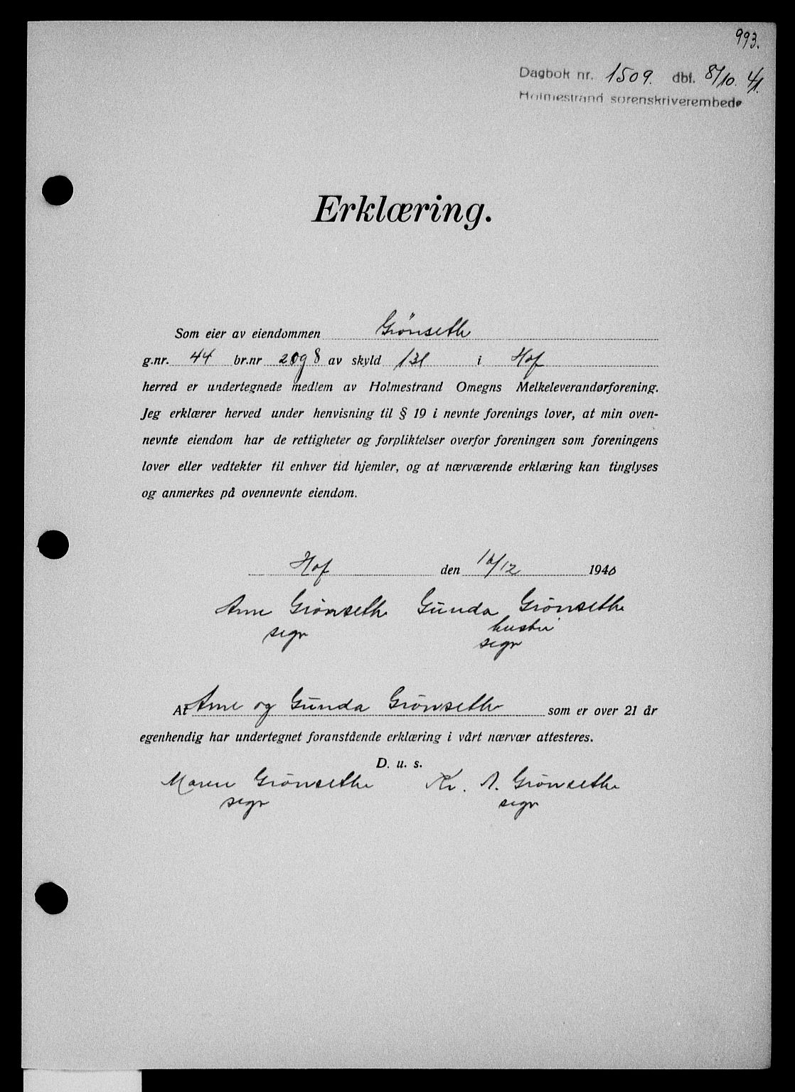 Holmestrand sorenskriveri, SAKO/A-67/G/Ga/Gaa/L0053: Pantebok nr. A-53, 1941-1941, Dagboknr: 1509/1941