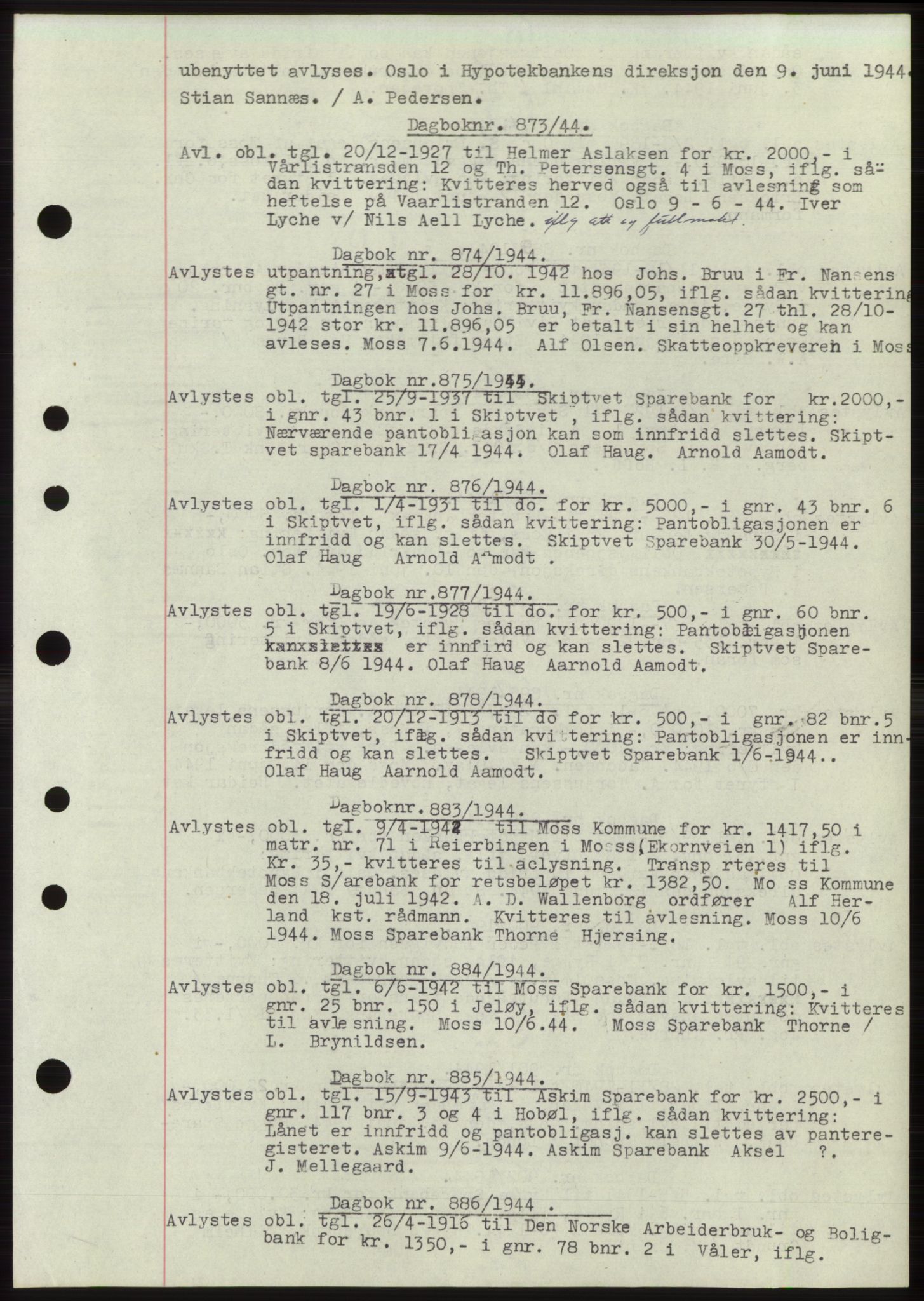 Moss sorenskriveri, SAO/A-10168: Pantebok nr. C10, 1938-1950, Dagboknr: 873/1944