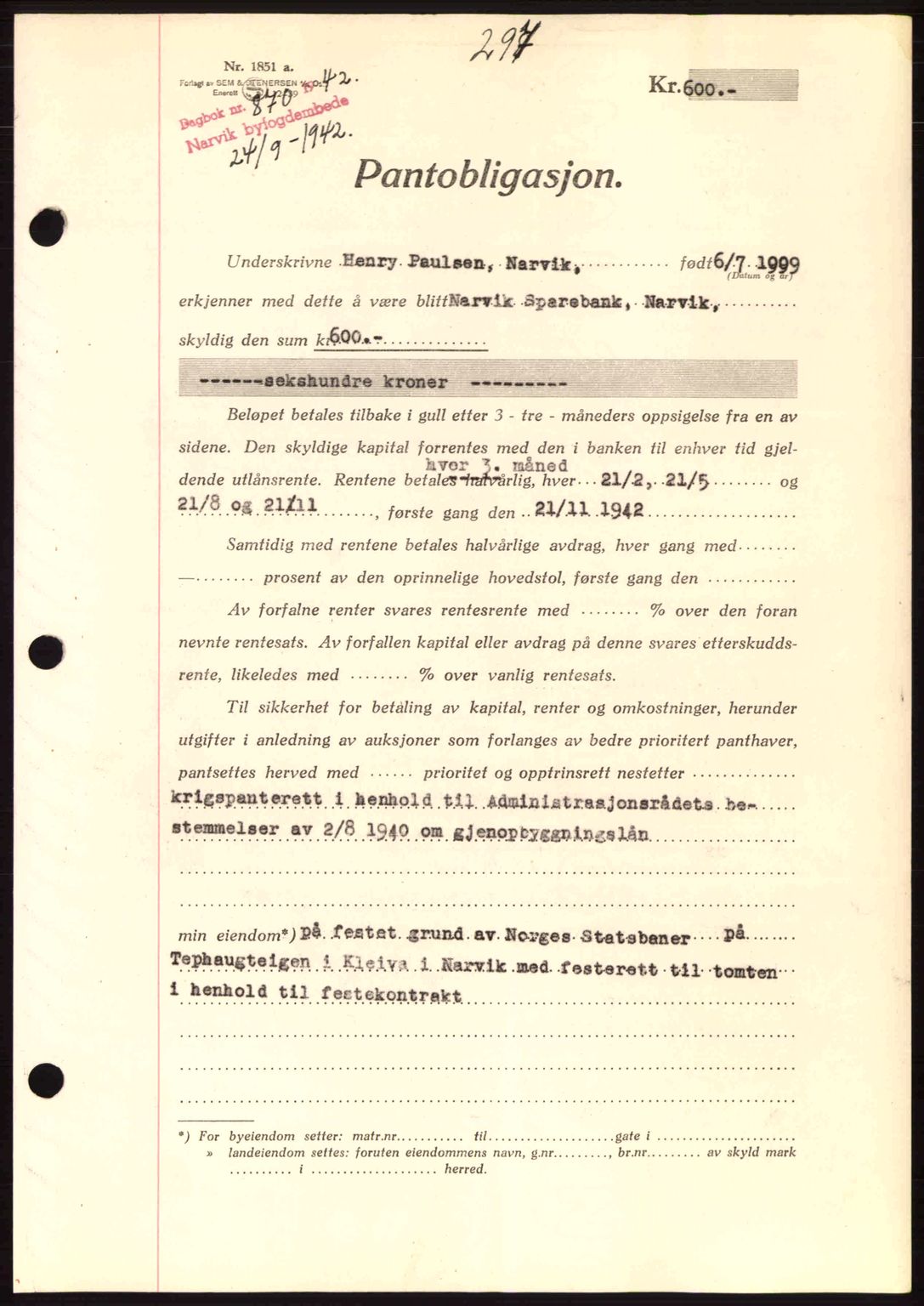 Narvik sorenskriveri, SAT/A-0002/1/2/2C/2Ca: Pantebok nr. A19, 1942-1943, Dagboknr: 870/1942