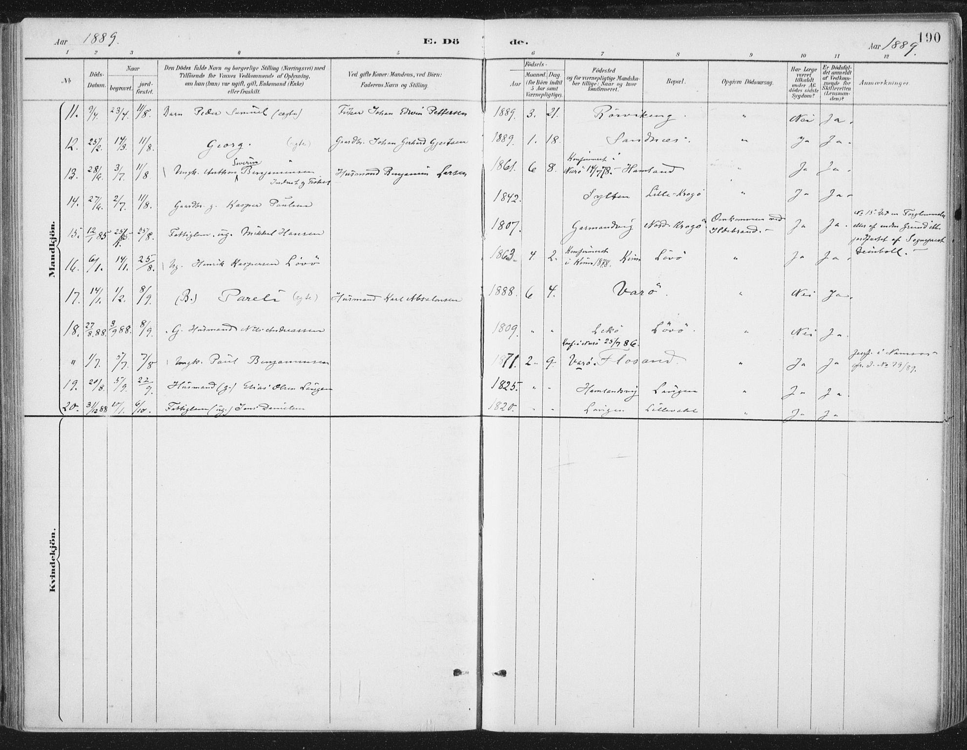 Ministerialprotokoller, klokkerbøker og fødselsregistre - Nord-Trøndelag, SAT/A-1458/784/L0673: Ministerialbok nr. 784A08, 1888-1899, s. 190