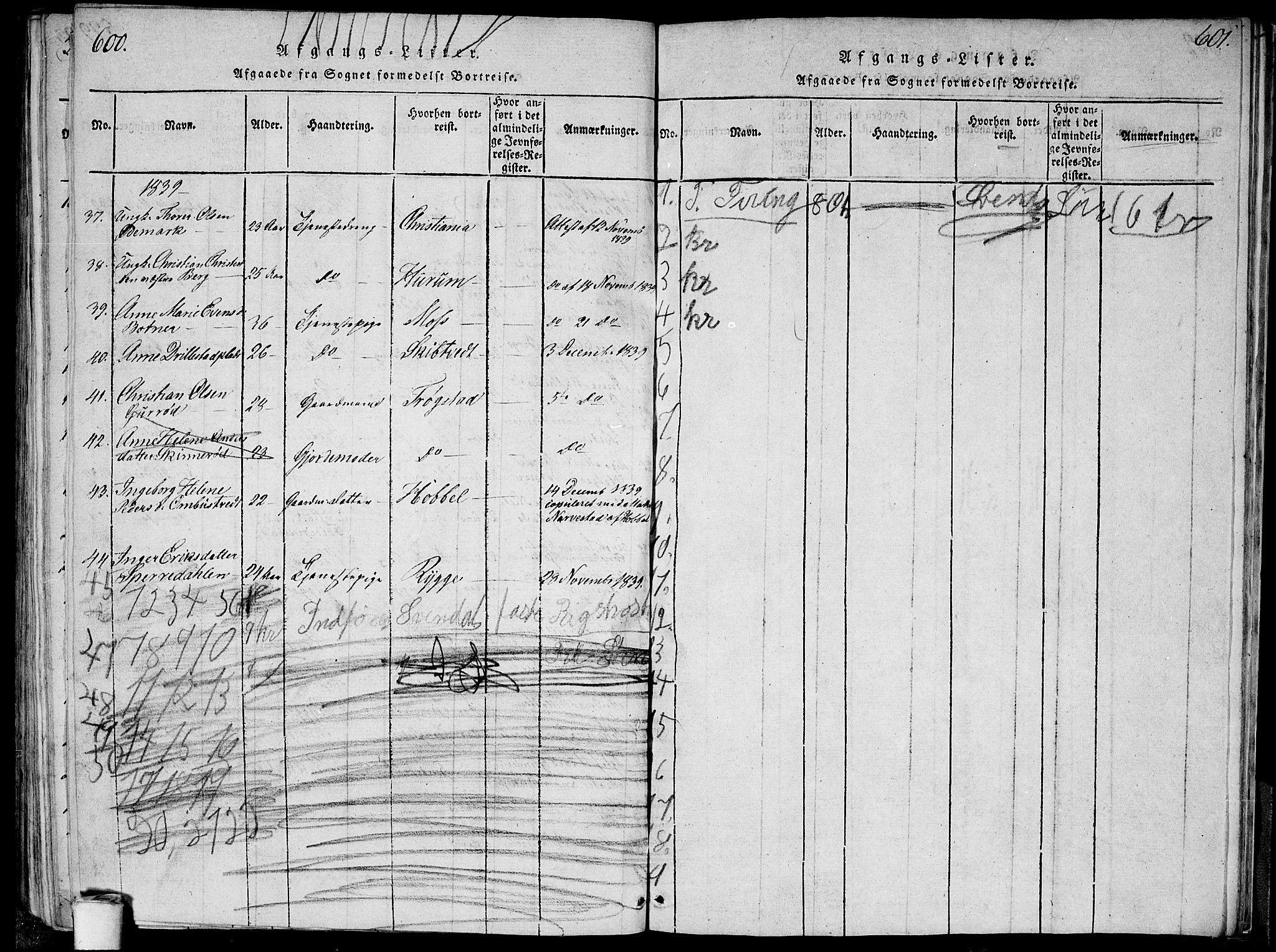 Våler prestekontor Kirkebøker, AV/SAO-A-11083/G/Ga/L0001: Klokkerbok nr. I 1, 1815-1839, s. 600-601