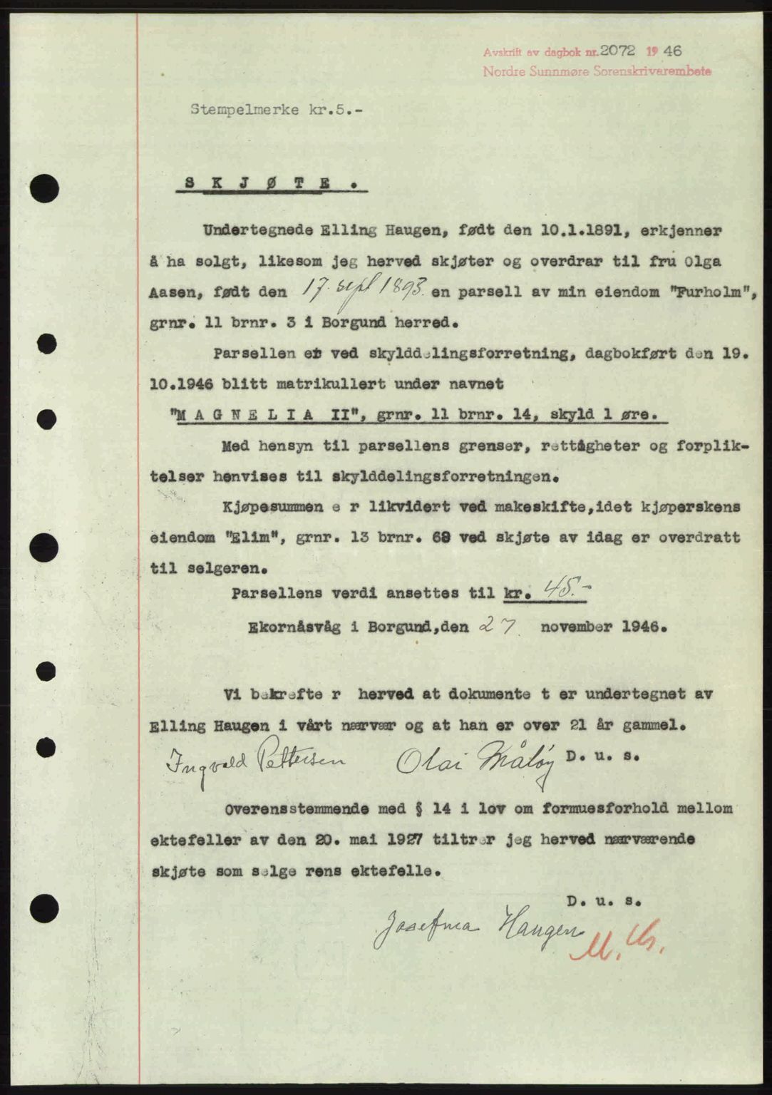 Nordre Sunnmøre sorenskriveri, AV/SAT-A-0006/1/2/2C/2Ca: Pantebok nr. A23, 1946-1947, Dagboknr: 2072/1946