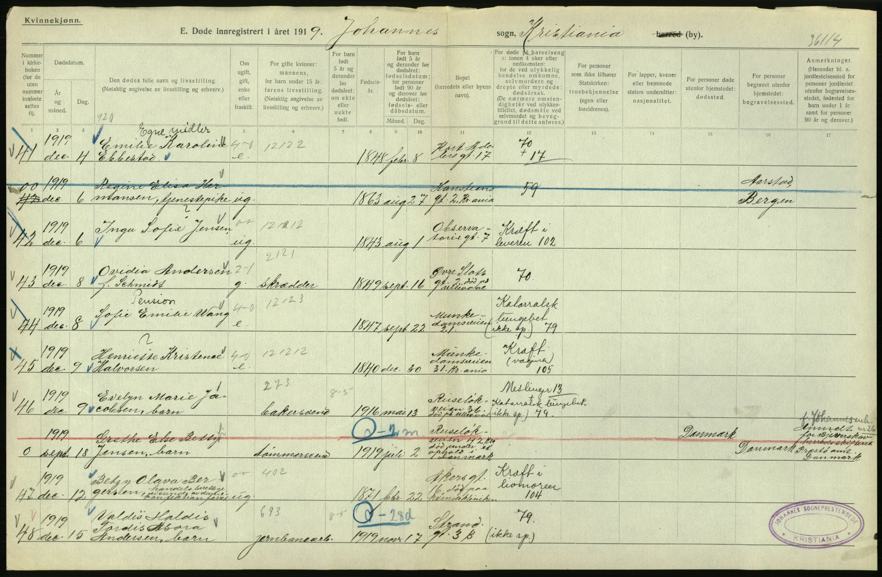 Statistisk sentralbyrå, Sosiodemografiske emner, Befolkning, AV/RA-S-2228/D/Df/Dfb/Dfbi/L0011: Kristiania: Døde, dødfødte, 1919