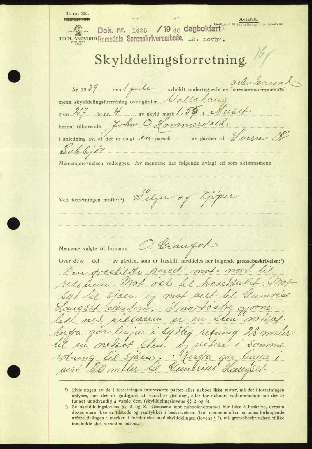 Romsdal sorenskriveri, SAT/A-4149/1/2/2C: Pantebok nr. A9, 1940-1941, Dagboknr: 1425/1940