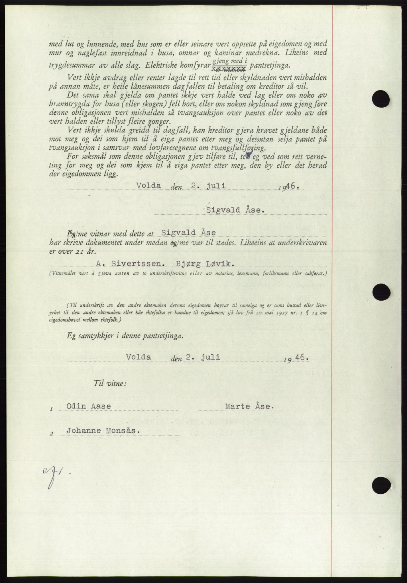 Søre Sunnmøre sorenskriveri, AV/SAT-A-4122/1/2/2C/L0114: Pantebok nr. 1-2B, 1943-1947, Dagboknr: 746/1946