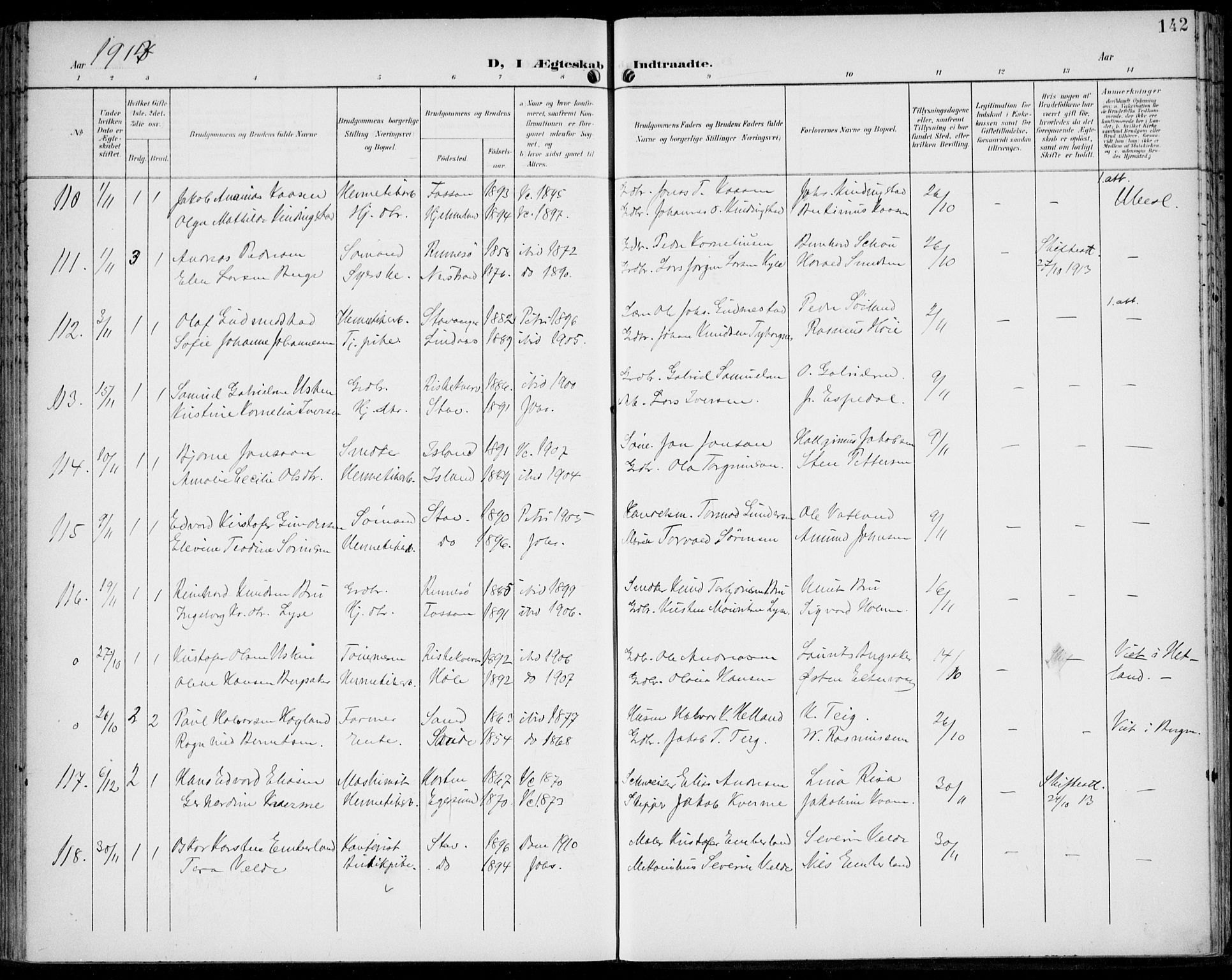 St. Johannes sokneprestkontor, AV/SAST-A-101814/002/B/L0001: Ministerialbok nr. A 8, 1899-1917, s. 142