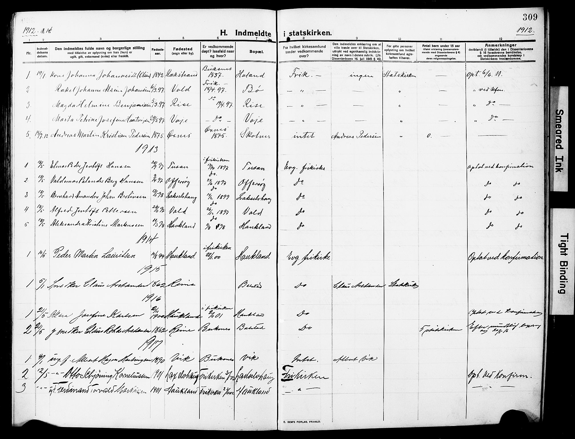 Ministerialprotokoller, klokkerbøker og fødselsregistre - Nordland, AV/SAT-A-1459/881/L1169: Klokkerbok nr. 881C06, 1912-1930, s. 309