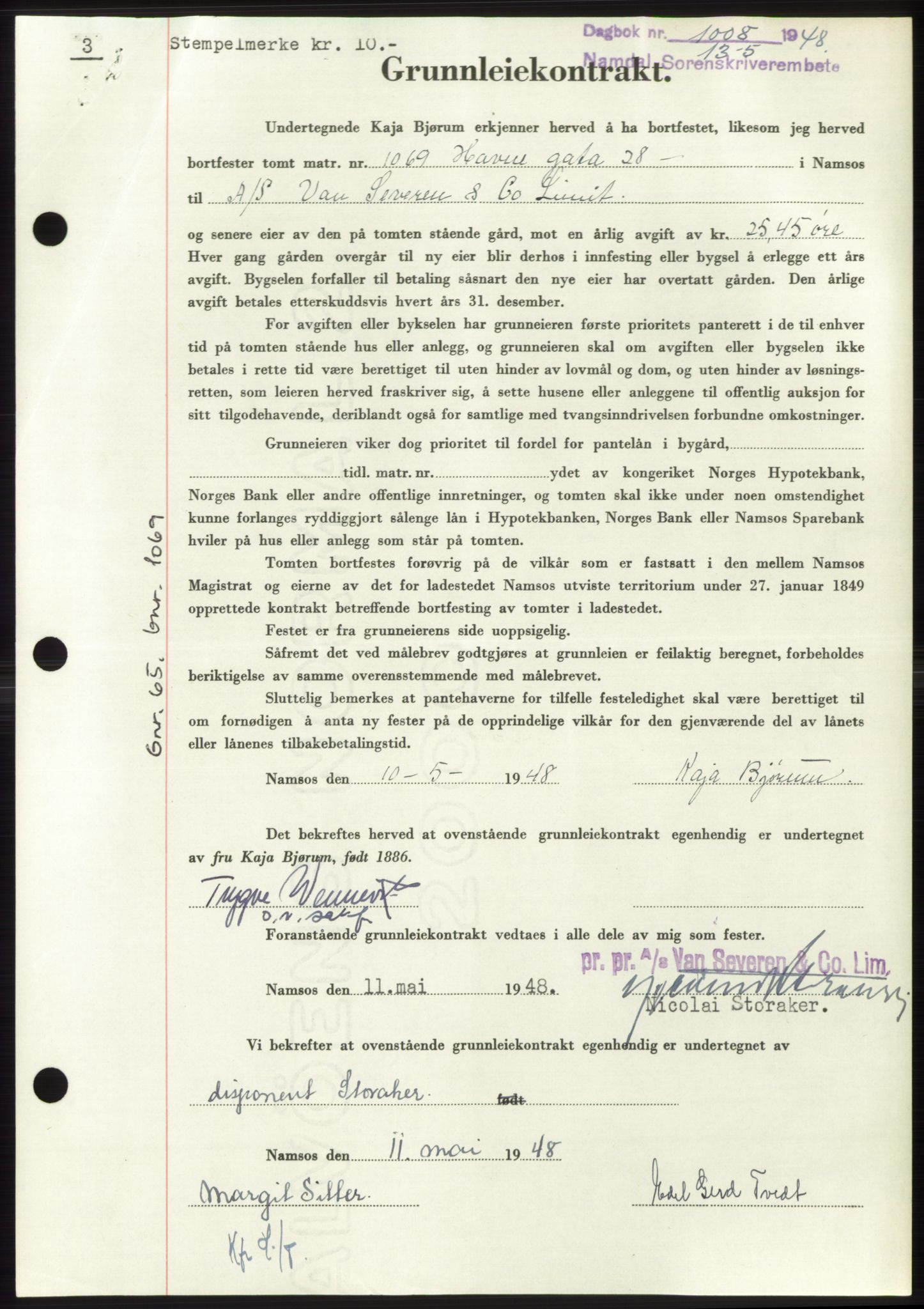 Namdal sorenskriveri, SAT/A-4133/1/2/2C: Pantebok nr. -, 1947-1948, Dagboknr: 1008/1948