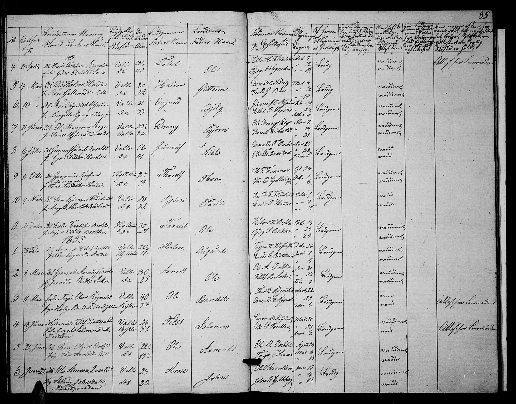 Valle sokneprestkontor, AV/SAK-1111-0044/F/Fb/Fbc/L0002: Klokkerbok nr. B 2, 1848-1870, s. 85