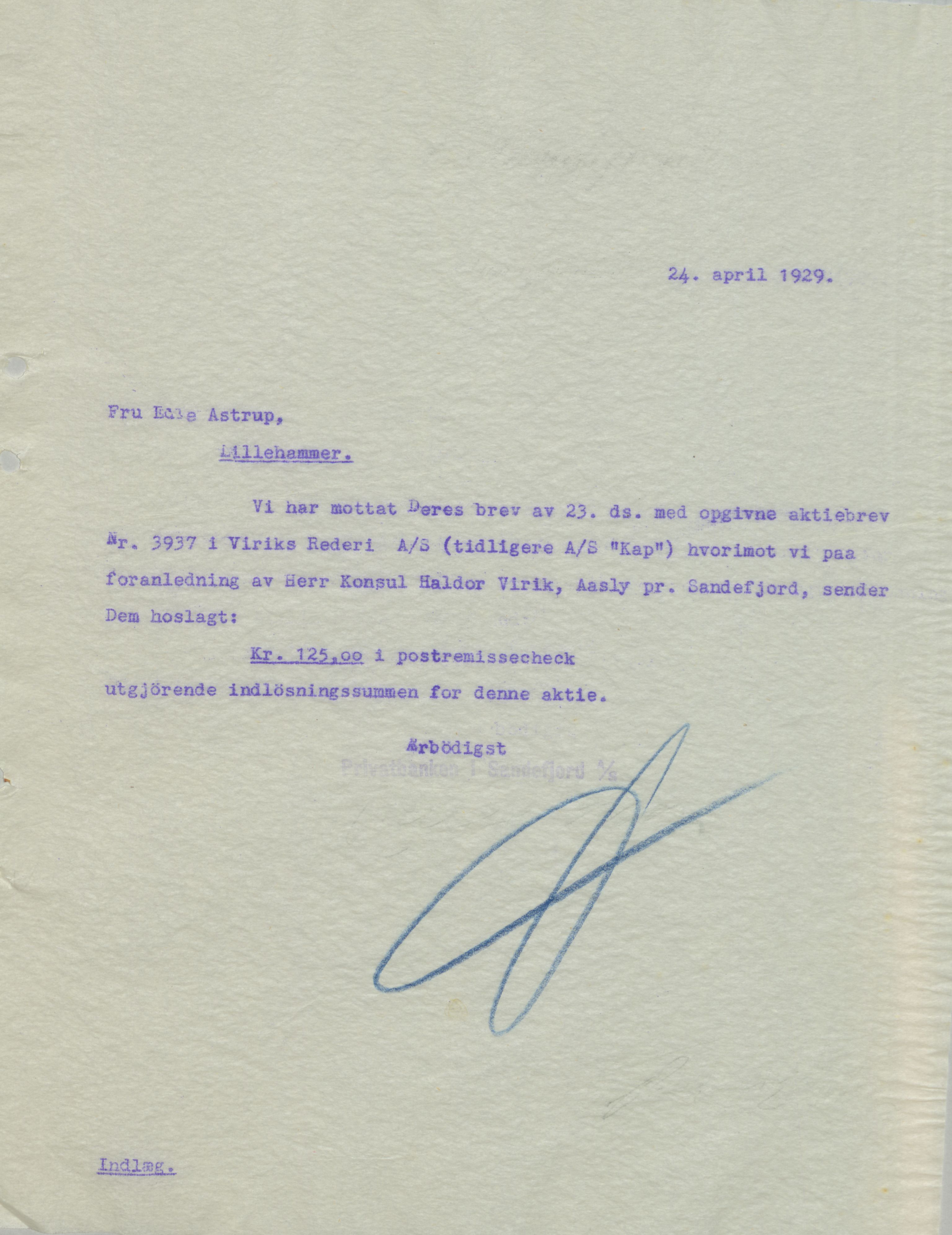 Privatbanken i Sandefjord AS, VEMU/ARS-A-1256/B/Ba/L0002: Kopibok, 1929
