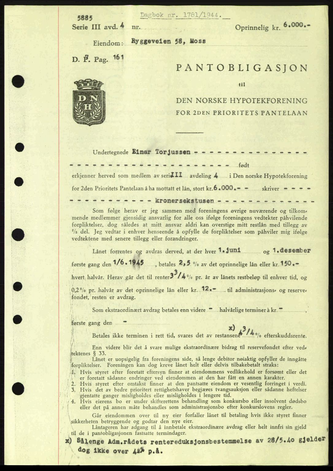 Moss sorenskriveri, SAO/A-10168: Pantebok nr. B13, 1943-1945, Dagboknr: 1781/1944
