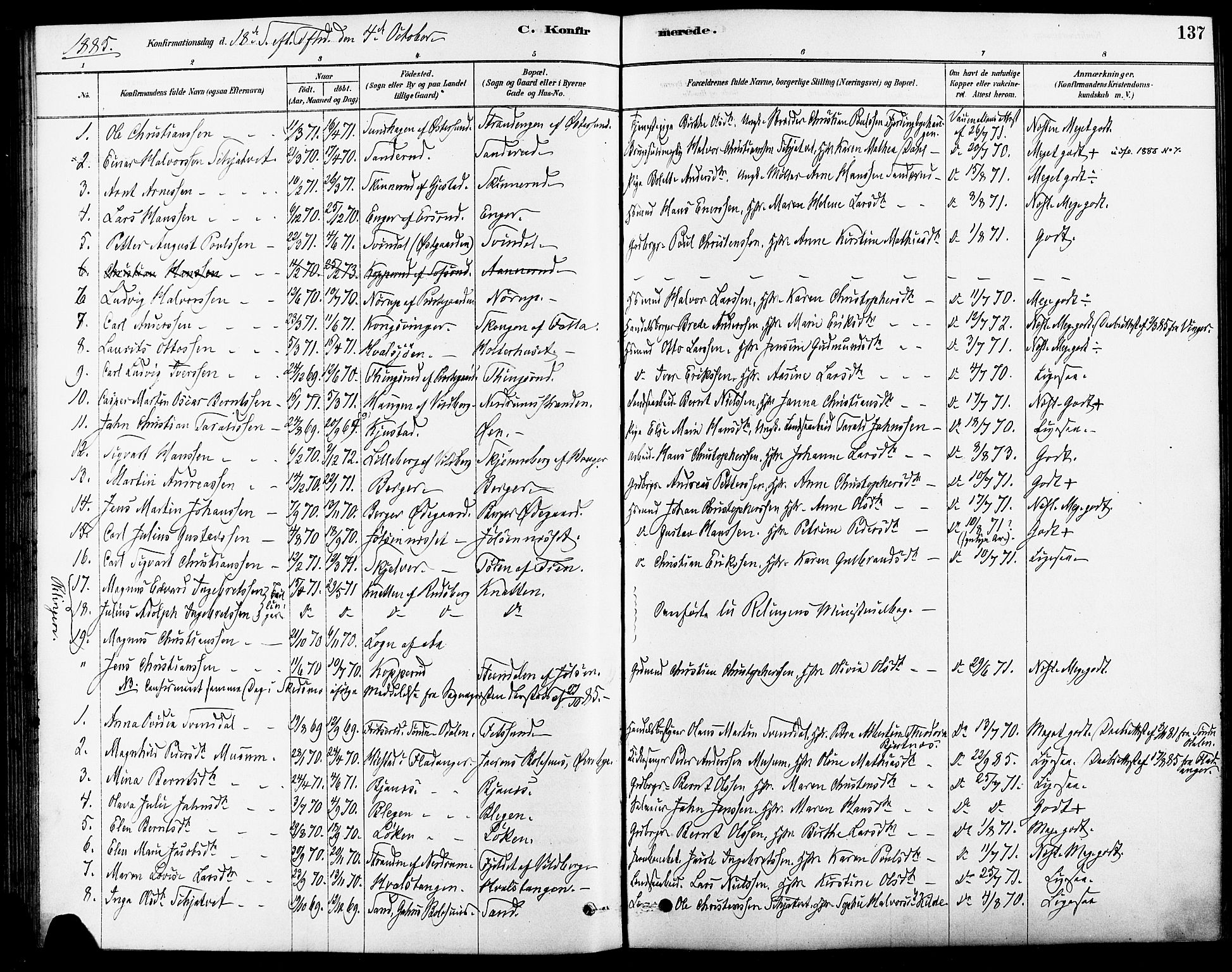 Fet prestekontor Kirkebøker, AV/SAO-A-10370a/F/Fa/L0014: Ministerialbok nr. I 14, 1878-1891, s. 137